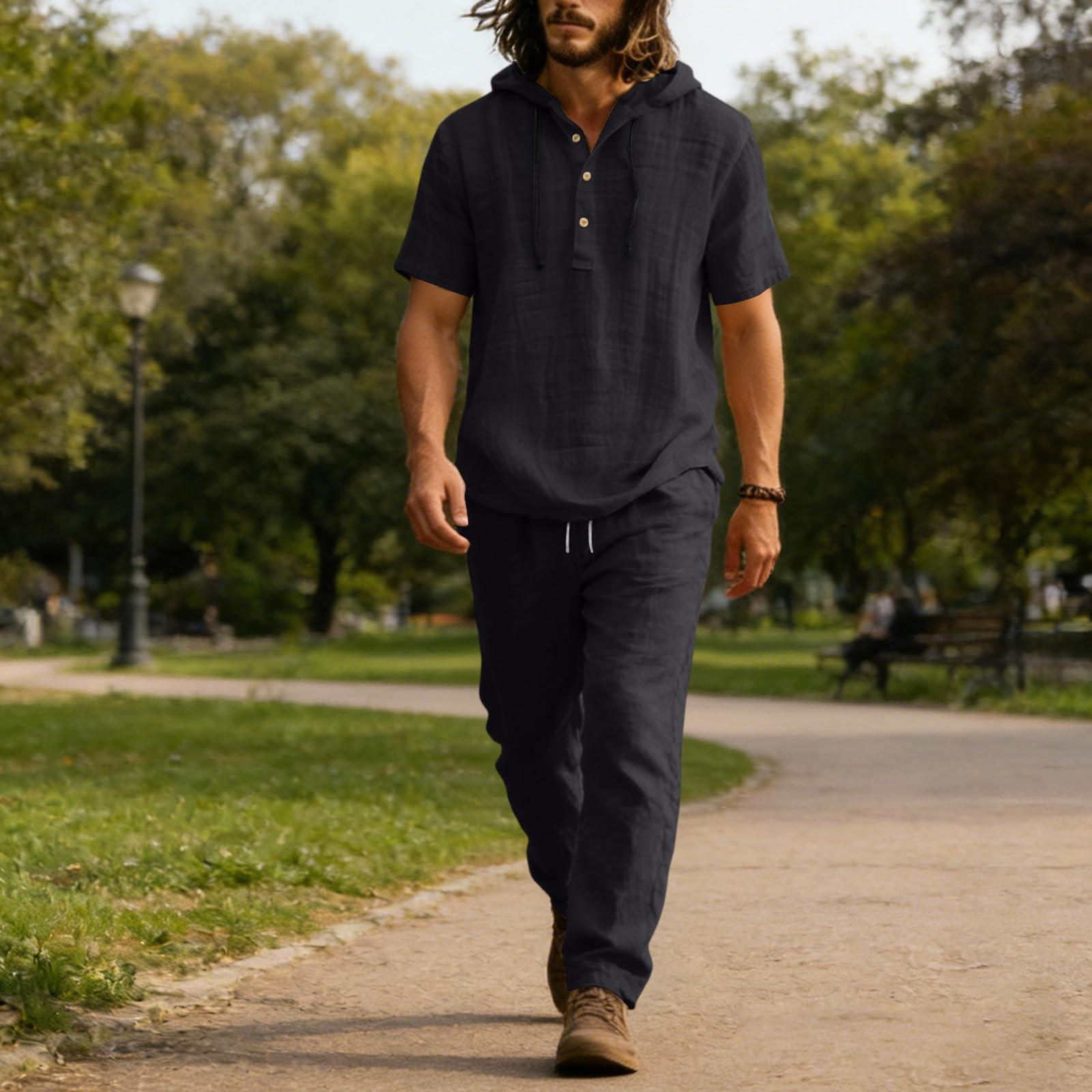 Ensemble Lin Homme Couleur Pure Chemise Manche Courte avec Capuche Et Pantalon Vetement Homme Ensemble Souple Stretch Basique 2 Pièce Vacances Voyage Plage