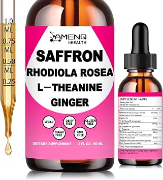 AMENQ hHEALTH Saffron Supplements for Adults & Kids, 88.5mg Organic Saffron Extract Drops -Happy Saffron Liquid Plus Calm Magnesium & L-Theanine for Mood, Focus, Eye SupportVegan, Non-GMO, 2 Fl Oz
