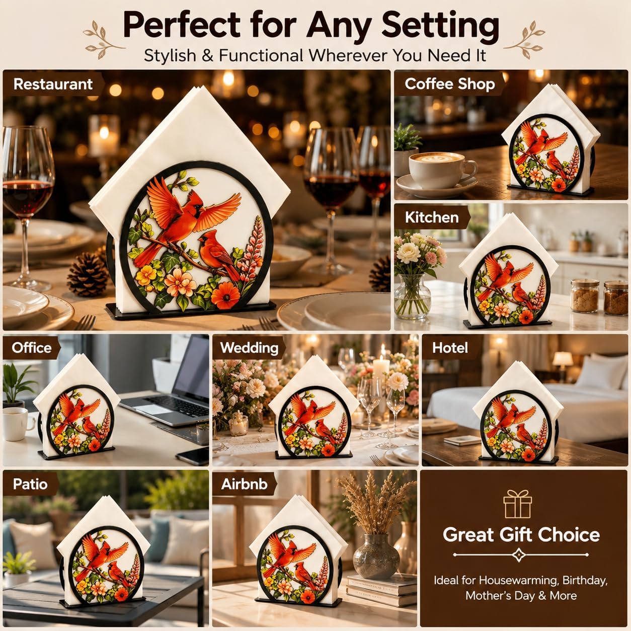 Large Red Cardinal Napkin Holder for Table-Bird Floral Metal Napkin Holders