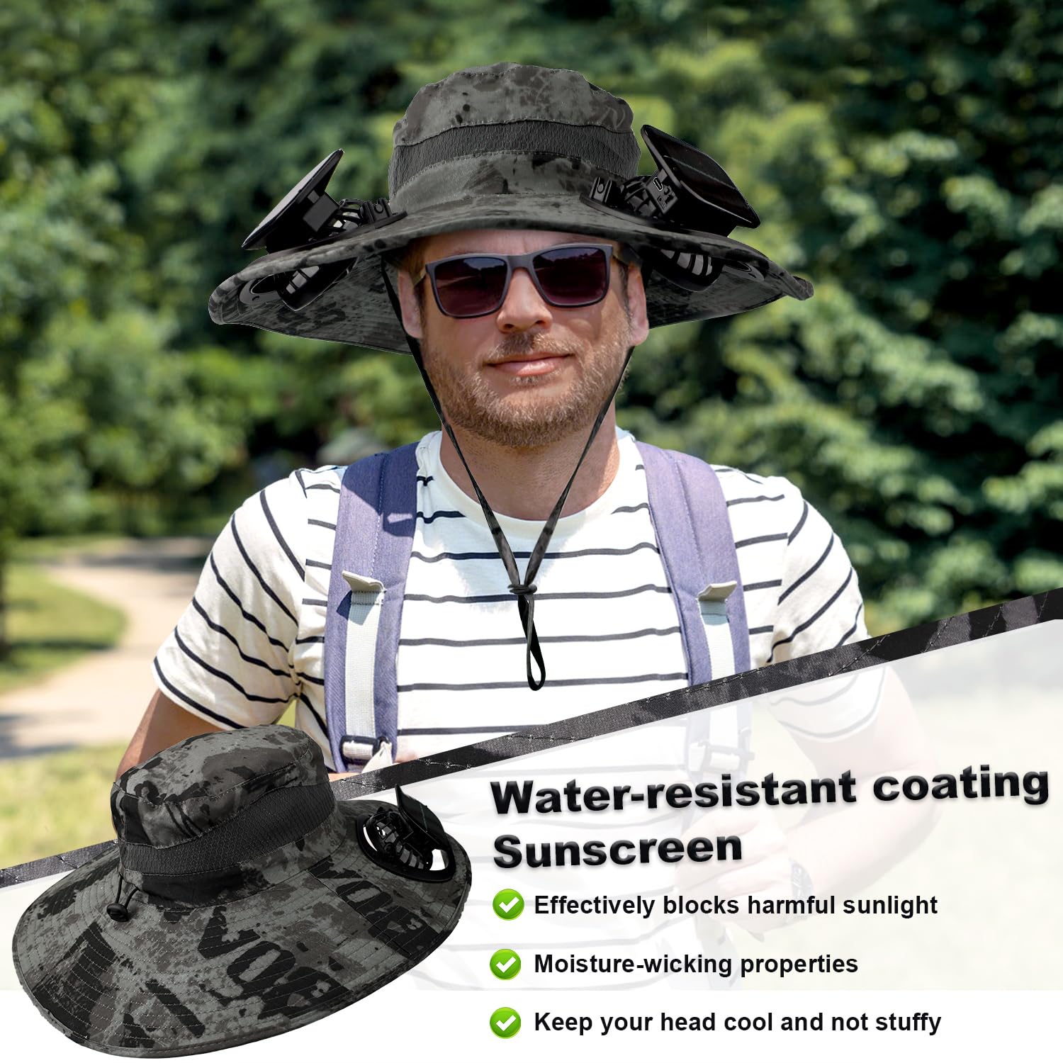 Chapeau Solaire avec Ventilateur, Chapeau de Soleil à Large Bord Gris Foncé avec 2 Ventilateurs de Charge Amovibles pour Femmes Hommes Chapeaux à Ventilateur Solaire pour Randonnée en Plein Air