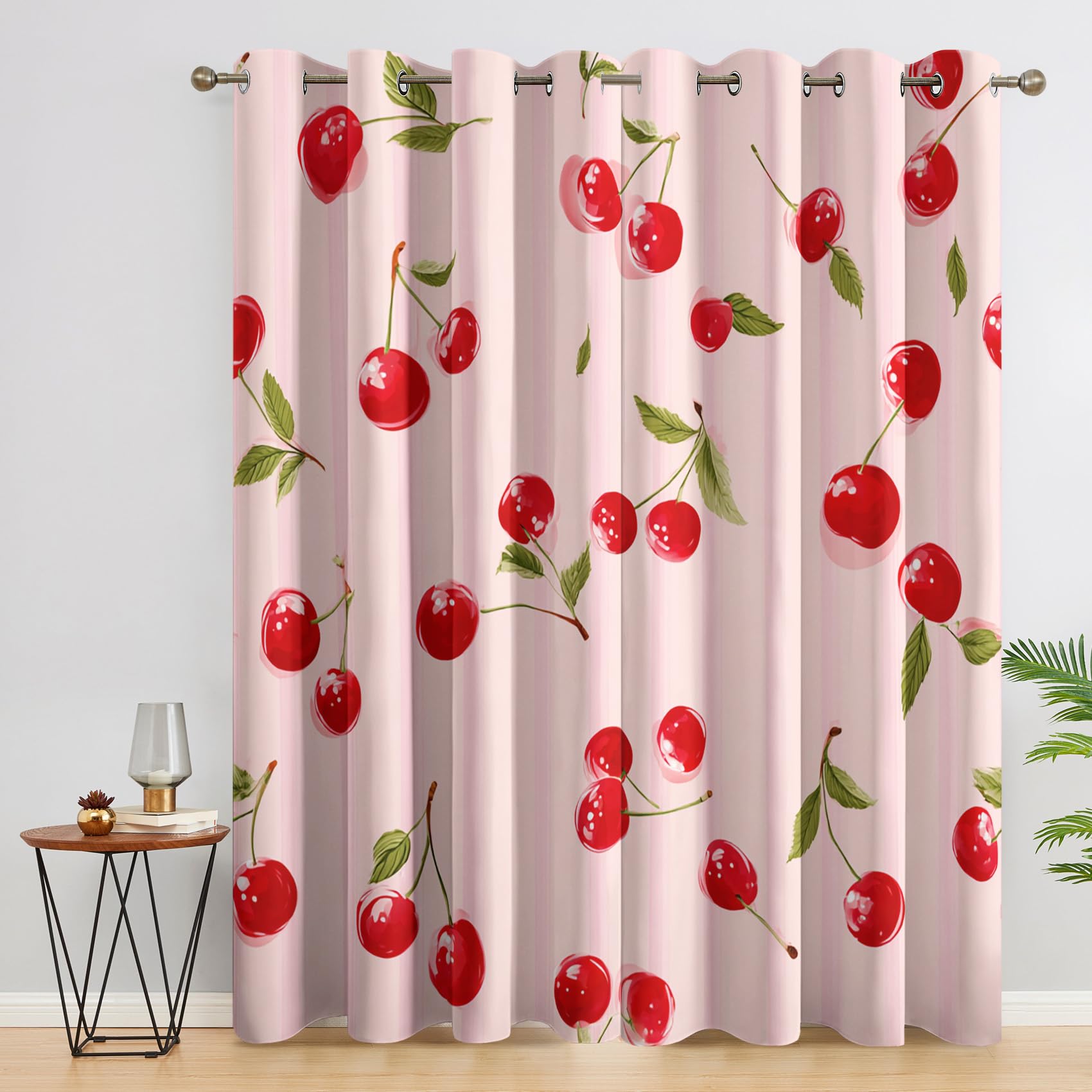 Générique Rideau Occultant Cerise Rouge, 140 x 220 (LxH) 2 Pieces, Opaque 95%, Motif Fruit, Rideaux Fenetre Thermiques à Oeillets, Decoration Maison Salon Chambre CMC262