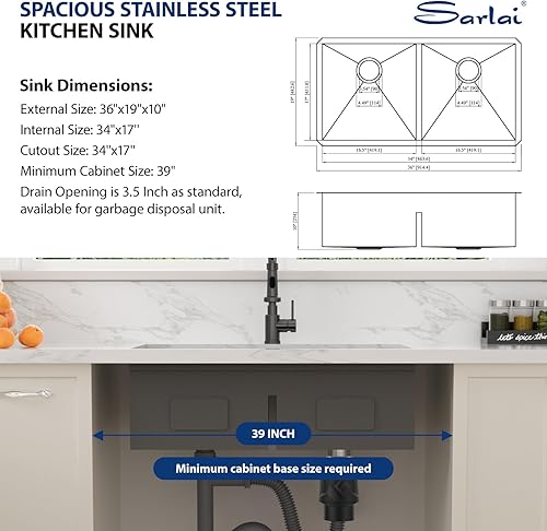 Vista 118 de Sarlai Fregadero doble de 33 piezas para empotrar - Fregadero de cocina de 33 x 19 pulgadas, acero inoxidable de calibre 16, esquina redonda, doble