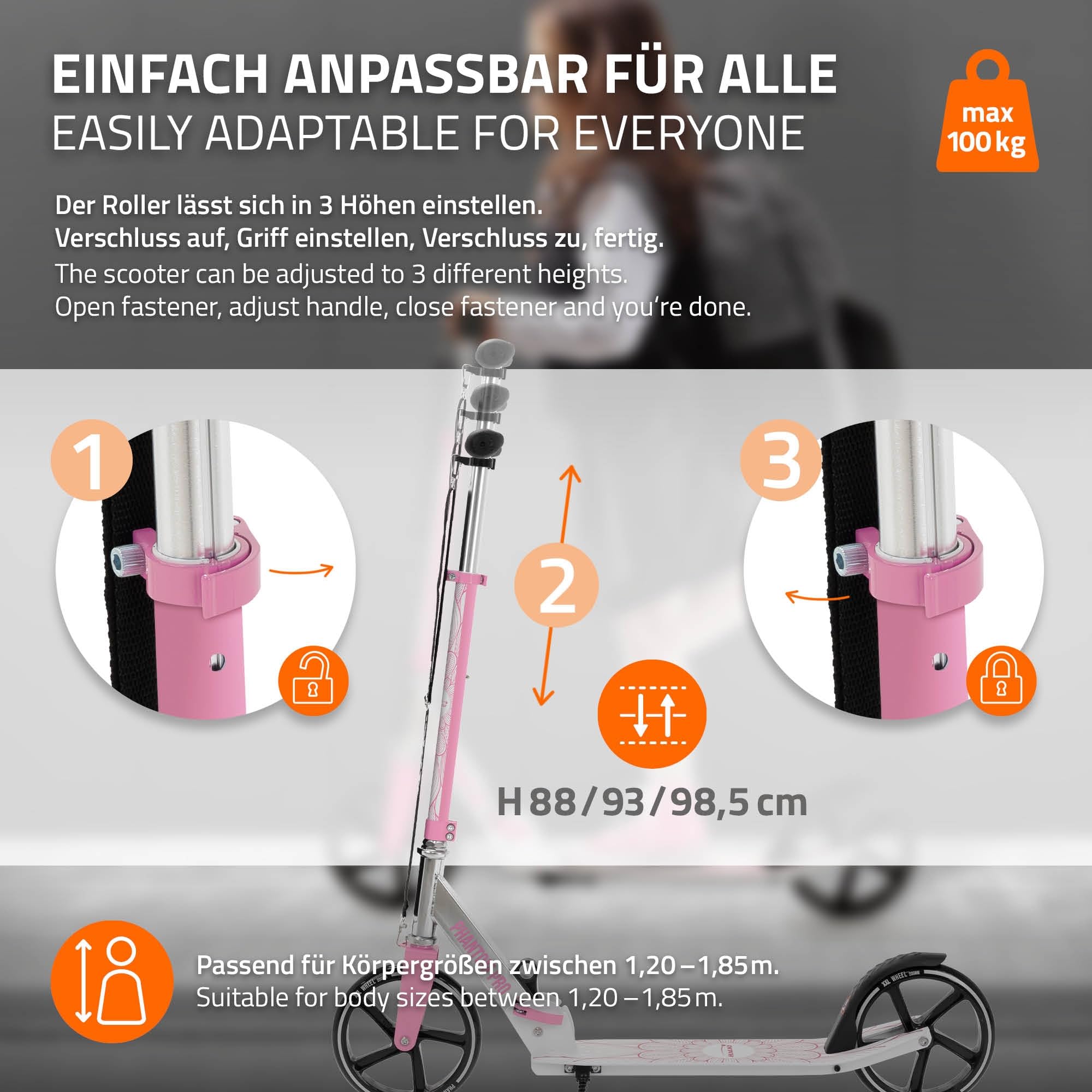Hauki Cityroller Scooter Vert/Rose, Trottinette Pliable et Réglable en Hauteur, Roues XXL, Frein Arrière à Pédale, pour Enfants Adultes, Modèle Urbaine avec Béquille Sangle Transport Sécurité Stable