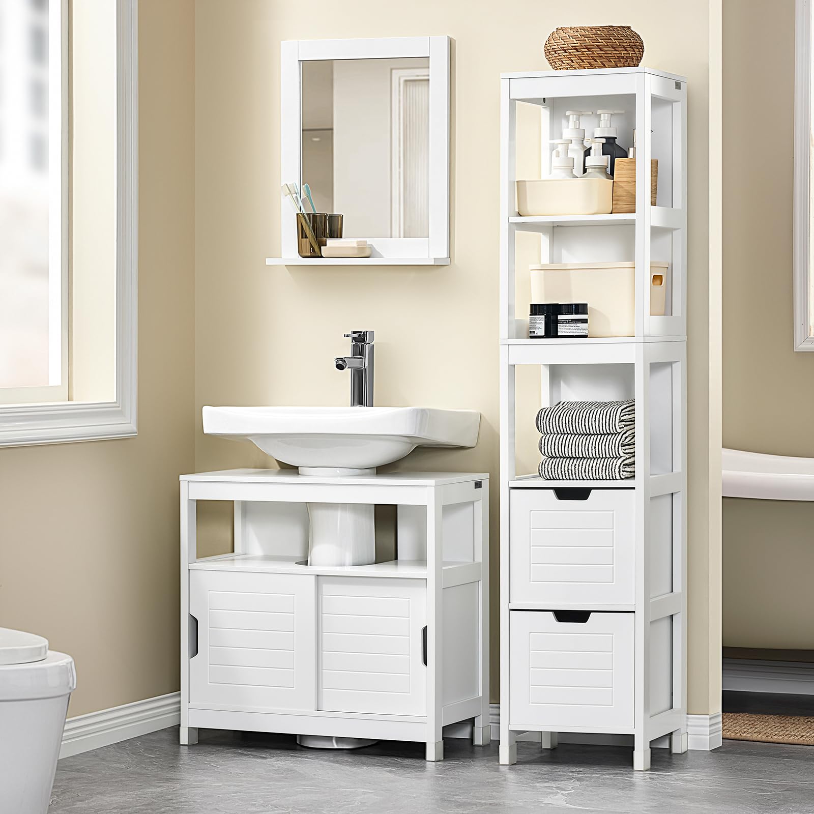 SoBuy Meuble sous Lavabo Salle de Bain avec 2 Portes Coulissantes Silencieuses, Meuble sous Lavabo, Rangement Optimisé pour Petite Surface, Anti-Humidité, Bois, Blanc, L60xP30xH60cm, FRG128-II-W
