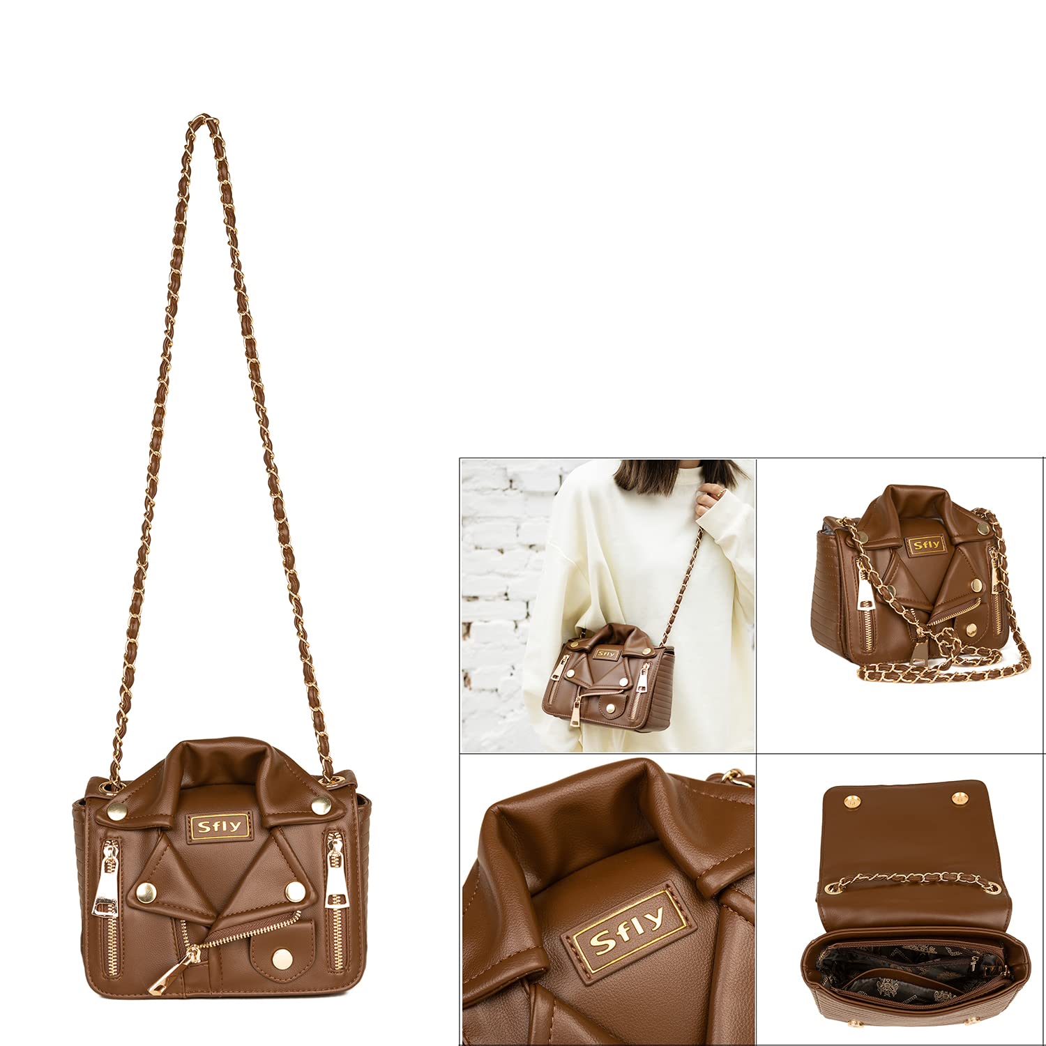 Sfly - Bolso bandolera de piel con cadena, tipo cartera, de mano, de noche, original, con forma de chaqueta, para mujer., A-Marrón, Medium