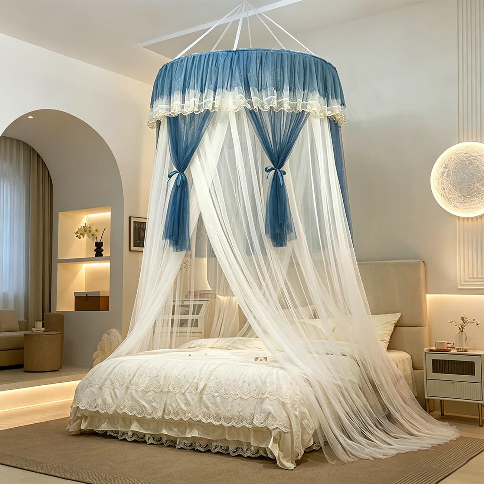 SARKEY Prinzessinnen Betthimmel,Bettvorhang,Feines Durchsichtiges Netz,Kuppelbetthimmel,Hängende Bettnetzabdeckung Für Schlafzimmer,Luxuriöse Spitze,Erwachsene,Hochzeit,Dekoration(Lake Blue)