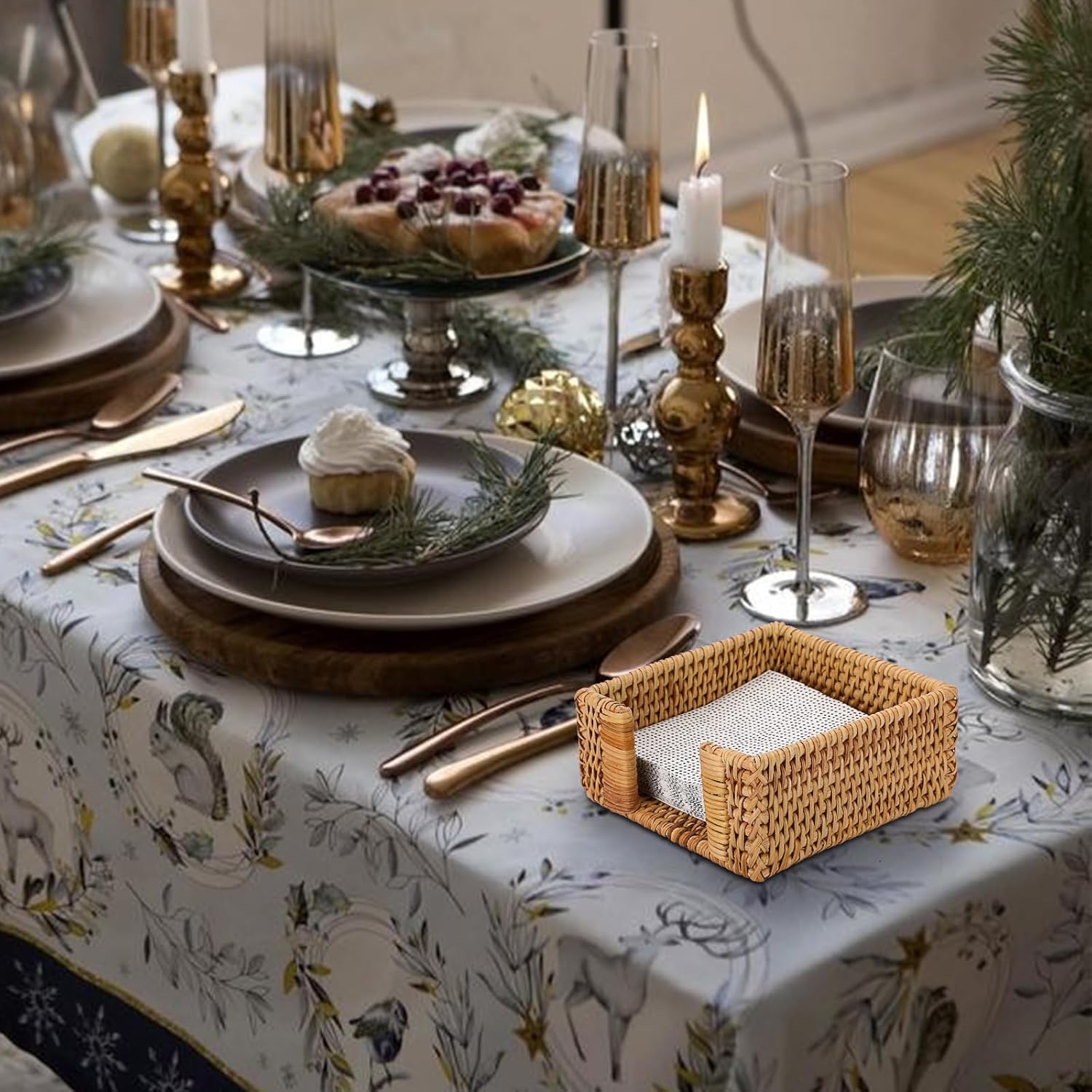Sumnacon Napkin Holder,Square Rattan Napkin Holder Table Wicker Countertop,Cocktail Napkin Holders Rustic Napkin Holders for Kitchen Dining Table Counter Vintage Napkin Basket for Picnic Wedding Party - Image 5