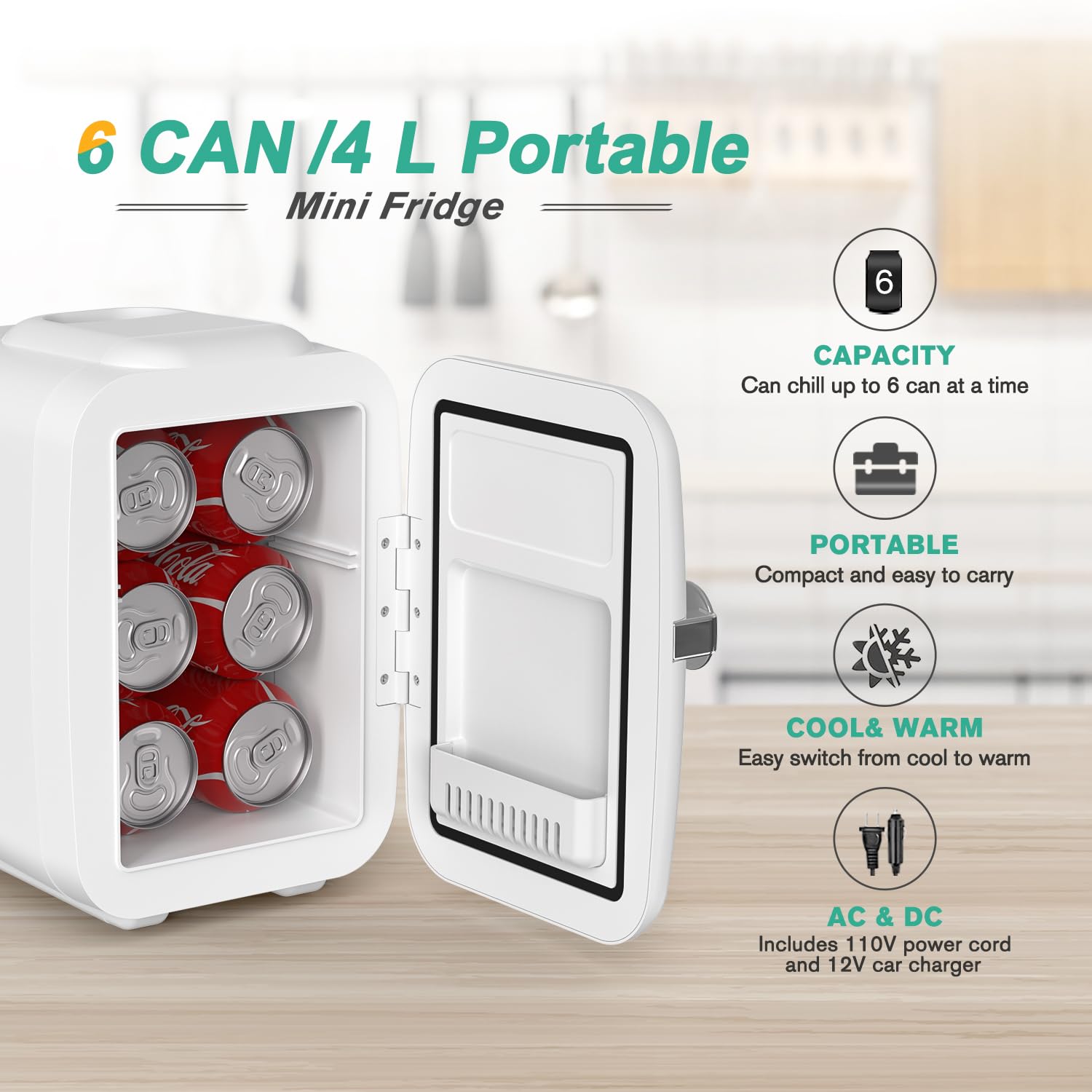 Mini nevera portátil de 4 litros/6 latas, refrigerador personal para cuidado de la piel, cosméticos, bebidas, alimentos, ideal para dormitorio, oficina, automóvil, dormitorio, certificación ETL (blanco) 2
