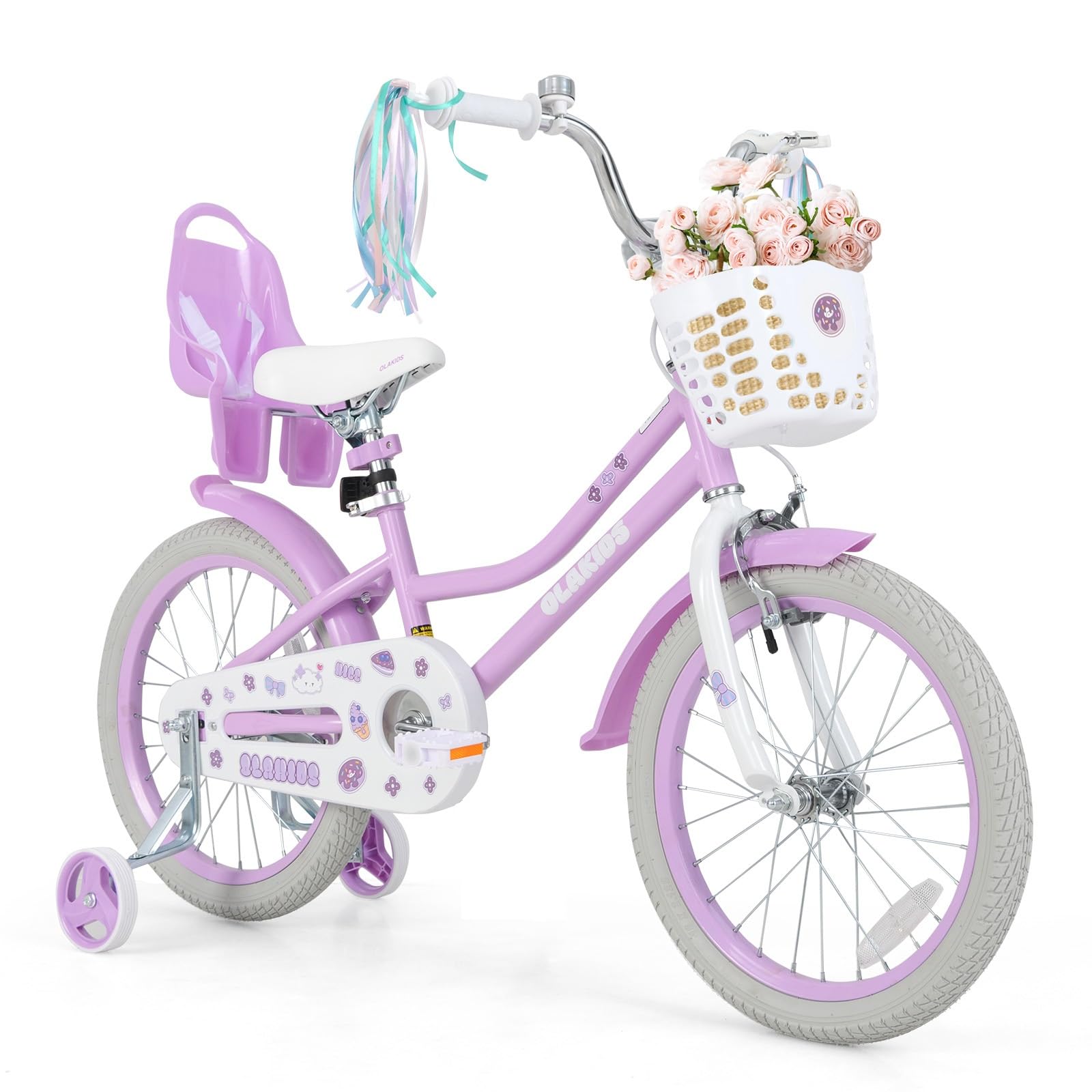 Olakids Kids Bike, 12 14 16 18 20 Inch Girls Bicycle with Doll Seat Basket Adjustable Seat and Handlebar, Handbrake and Coaster Brake