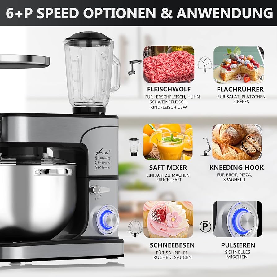 HOMELUX Keukenmachine, 2500 W, kneedmachine met 12 liter roestvrijstalen kom, 12 snelheden, led-touchscreen, garde, spatel en spatbescherming, zilverkleurig