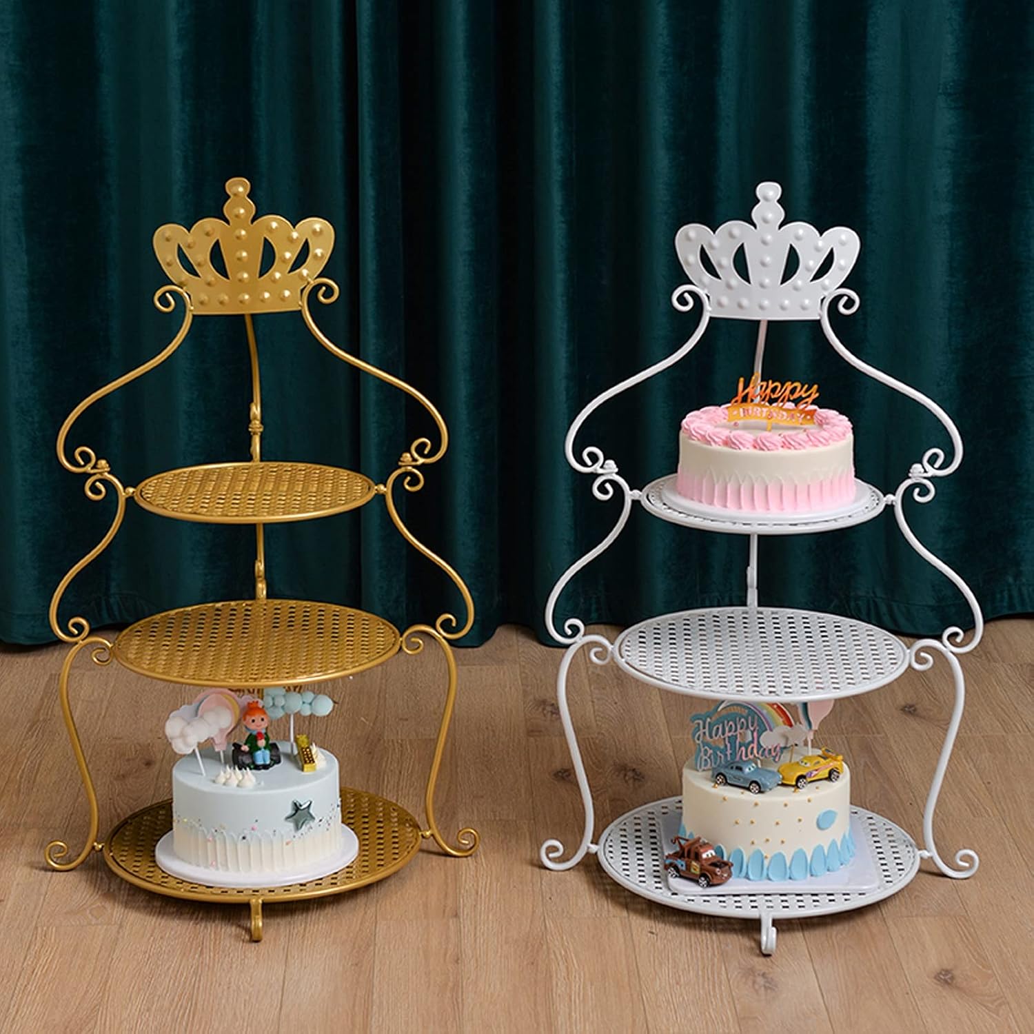 LUCBEI Dessert Stand 3-Tier Cake Stand Wrought Iron Cupcake Display Stand Multi-Color Crown Dessert Table Creative Wedding Party Pastry Service Tray Cupcake Stand Serving Tray (Color : Gray)