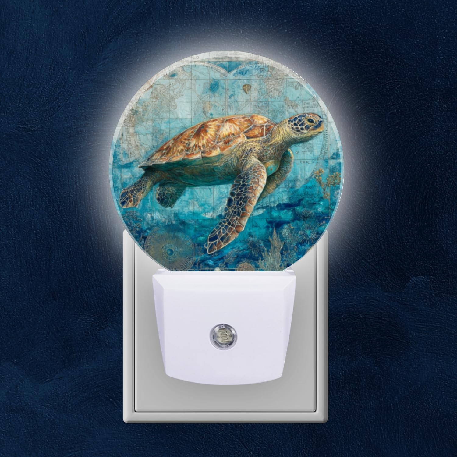 Round LED Night Lights Lamp with Dusk to Dawn Sensor Sea Turtle Nautical Night Light with Vintage Map