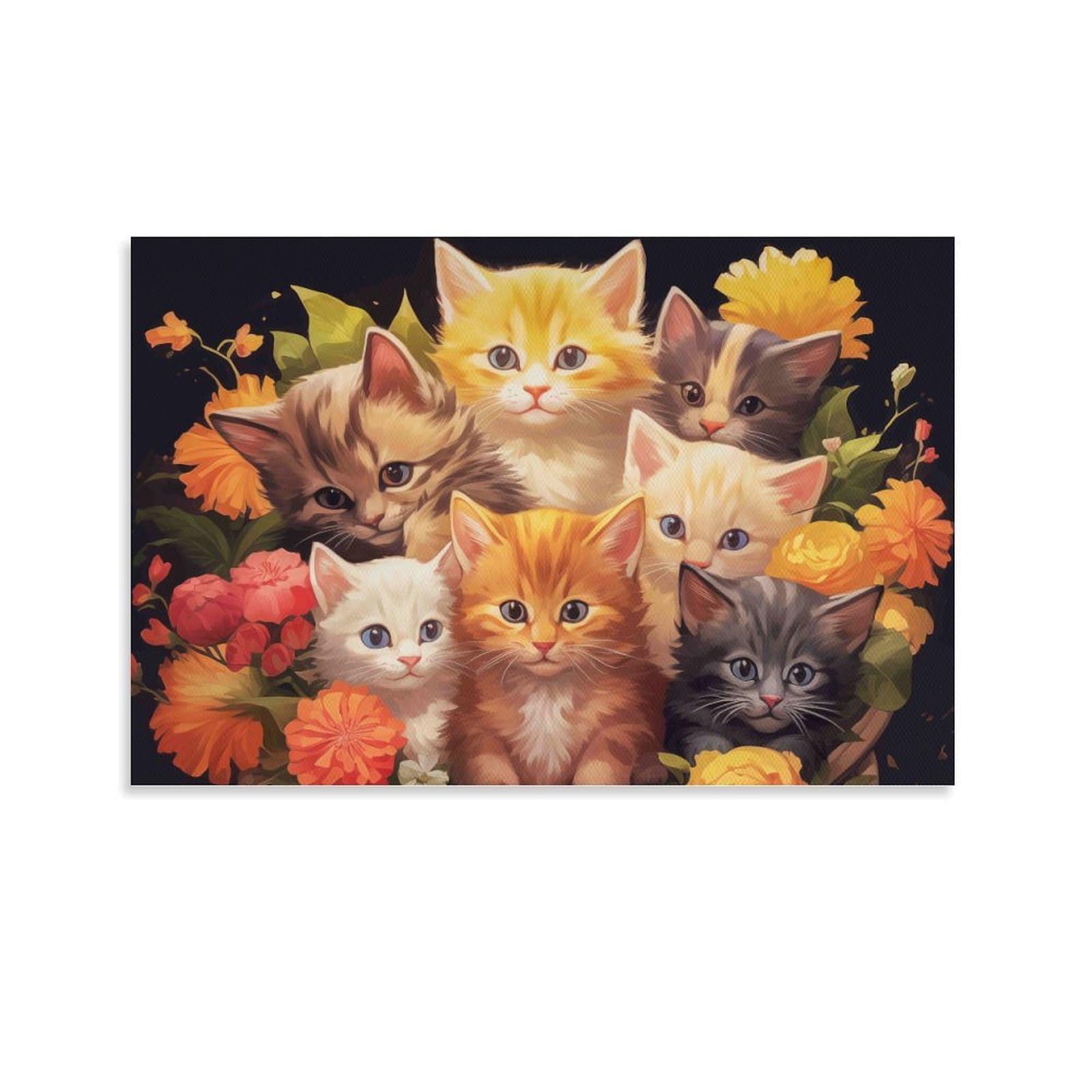 CPLVKWRQJ Cute Kitten Group Individual Seven Kittens Orange Flowers Wall Art Decor - Kitchen Removable Canvas Wall Art Multi-Purpose Focal Point 24x36inch(60x90cm)