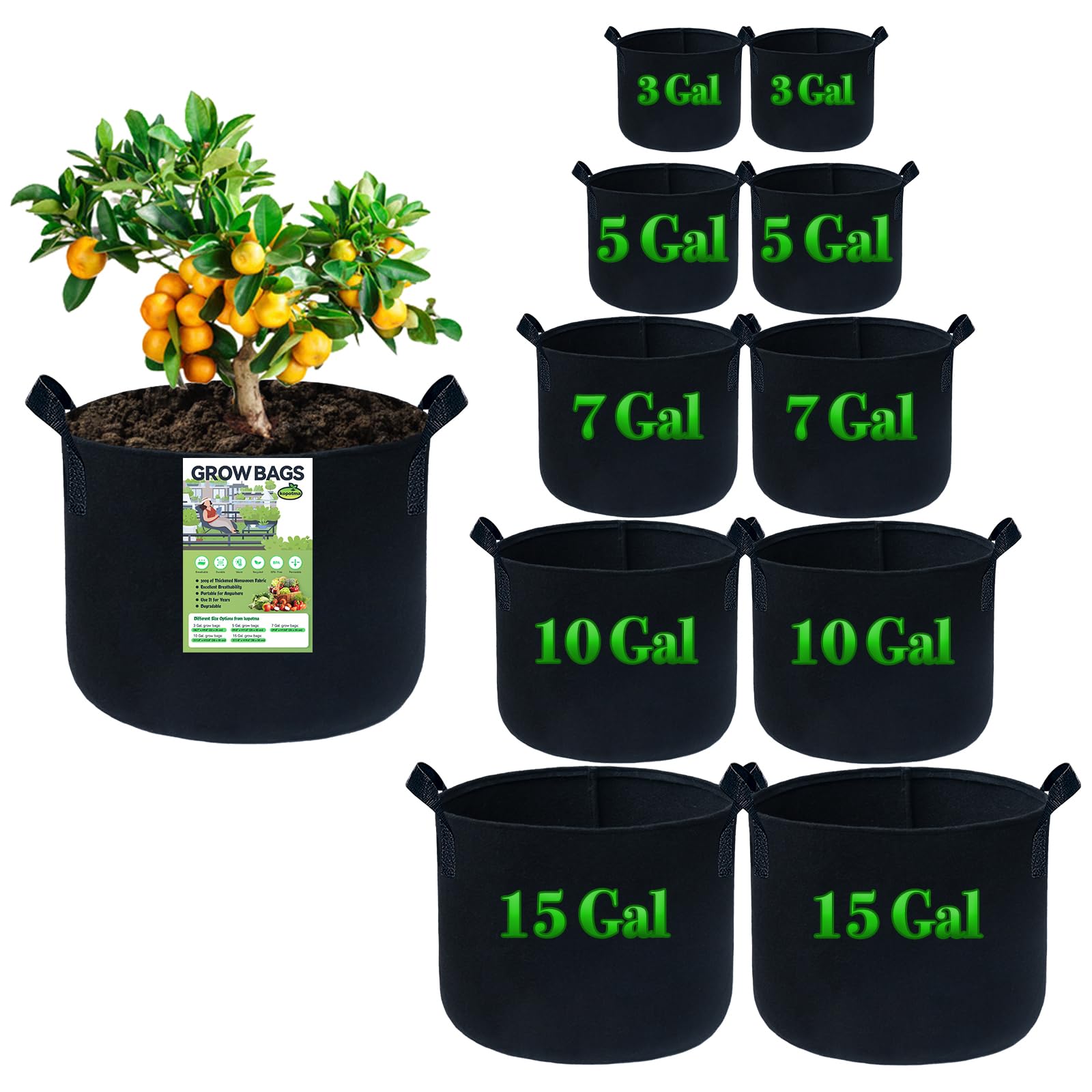 Kopotma 10-Pack Mixed Size Grow Bags