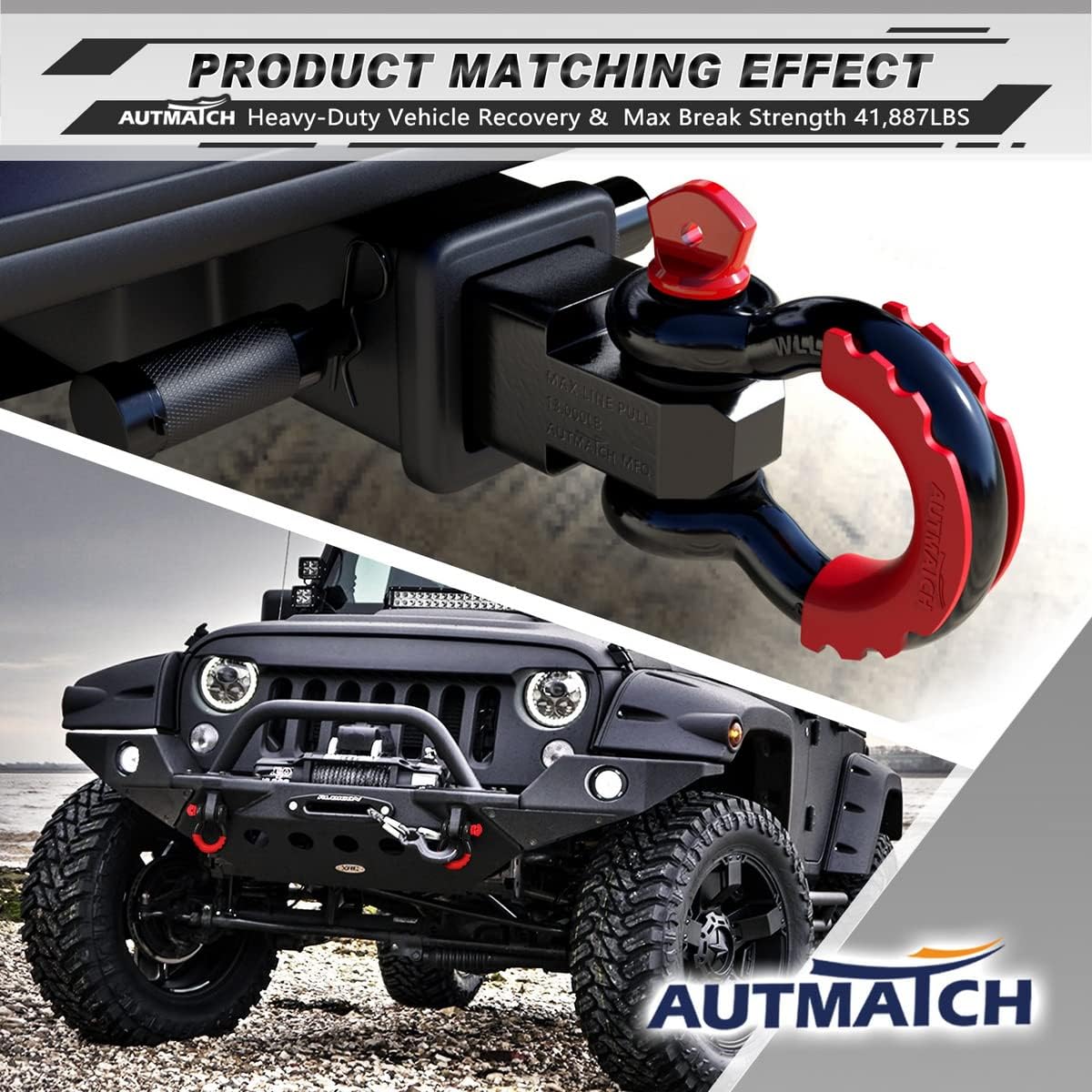 AUTMATCH Shackles 3/4" D Ring Shackle (2 Pack) 41,887Ibs Break Strength with 7/8" Screw Pin and Shackle Isolator & Washers Kit for Tow Strap Winch Off Road Vehicle Recovery Black & Red : Automotive