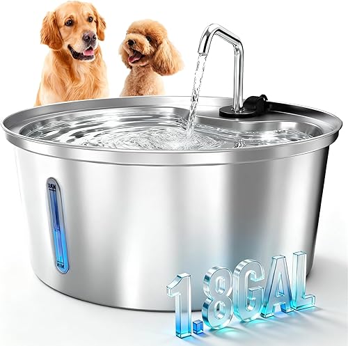 Fuente de agua para perros de acero inoxidable, fuente de agua para mascotas de 7L1.8 galones con multifiltración y área de bebida más profunda,