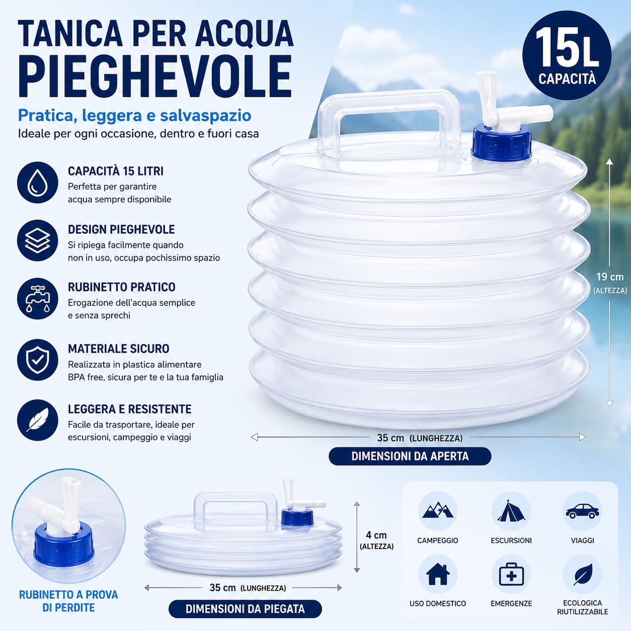 topolenashop Tanica Acqua Pieghevole 10L con Rubinetto Integrato, Contenitore Acqua da Campeggio Salvaspazio con Maniglia per Camper, Picnic, Viaggi e Uso Esterno
