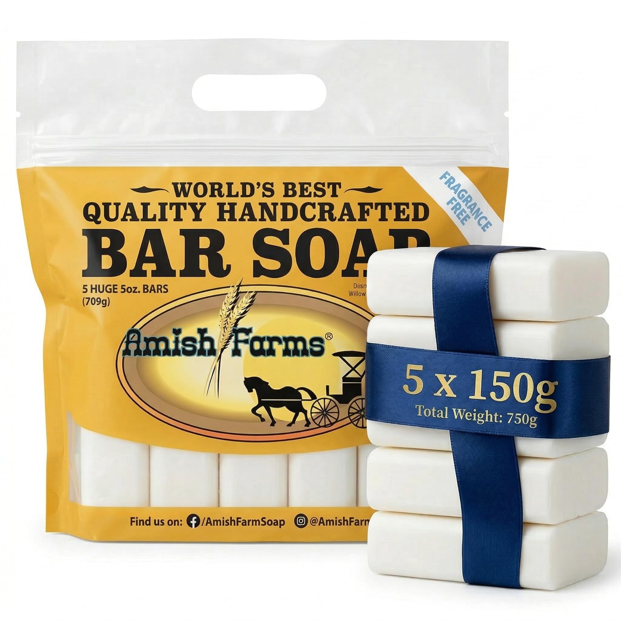 Fragrance-Free Natural Bar Soap - Unscented for Sensitive Skin, Dye-Free Moisturising Body Bars Multipack, Natural Soap for Men and Women, 150g Each All-White 5 Bars