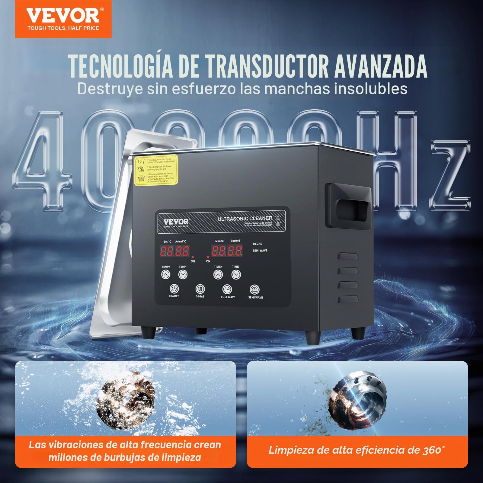 VEVOR Limpiador Ultrasónico 3 L Limpiador Ultrasónico Digital 120 W con Desgasificación Mejorada y Modo Suave Limpiador Ultrasónico Industrial 40 kHz con Temporizador y Calentador para Joyería