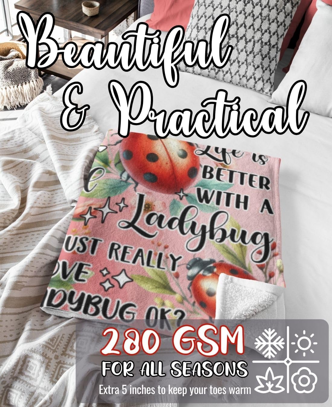 Ladybug Gifts for Women Girls, Blanket for Ladybug Lovers, 50" x 65" Throw for Birthday, Christmas - Red - Image 7