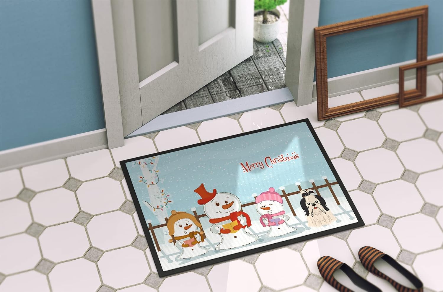 Caroline's Treasures BB2419MAT Merry Christmas Carolers Shih Tzu Black White Doormat 18x27 Front Door Mat Indoor Outdoor Rugs for Entryway, Non Slip Washable Low Pile, 18H X 27W