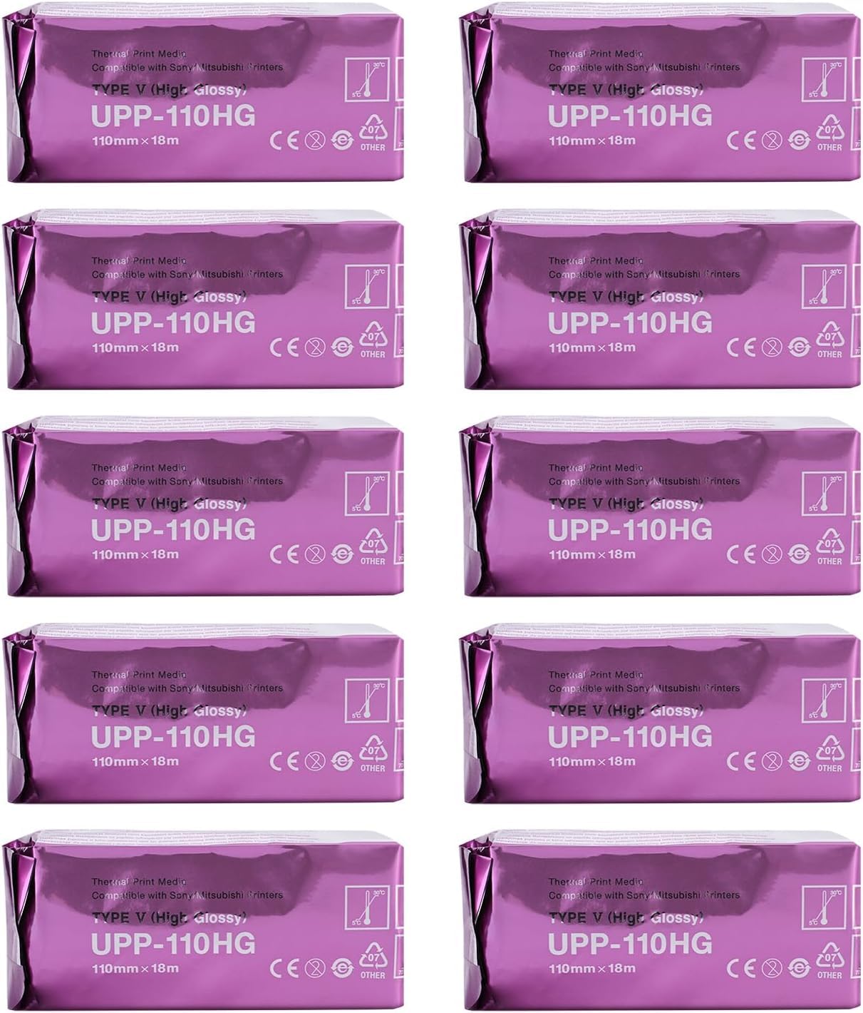 Pellicola ad ultrasuoni/media UPP-110HG compatibile con carta ad ultrasuoni ad alta lucentezza, 10 rotoli, pellicola termica ad alta lucentezza/media di tipo V