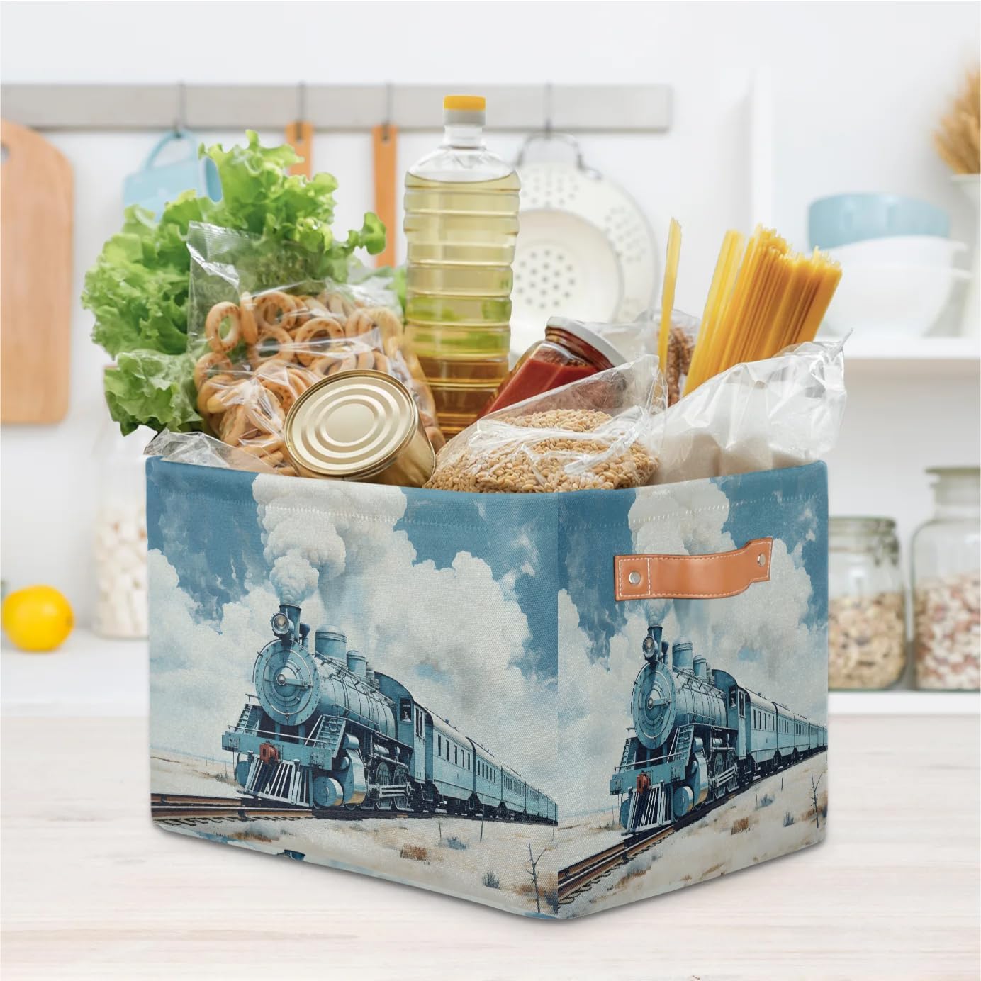 Locomotive Train Rectangle Storage Basket Foldable Storage Bin Cubes with Handles Large Organizer Bins Boxes Toy Closet Shelf Nursery Laundry Basket, 2 Pcs