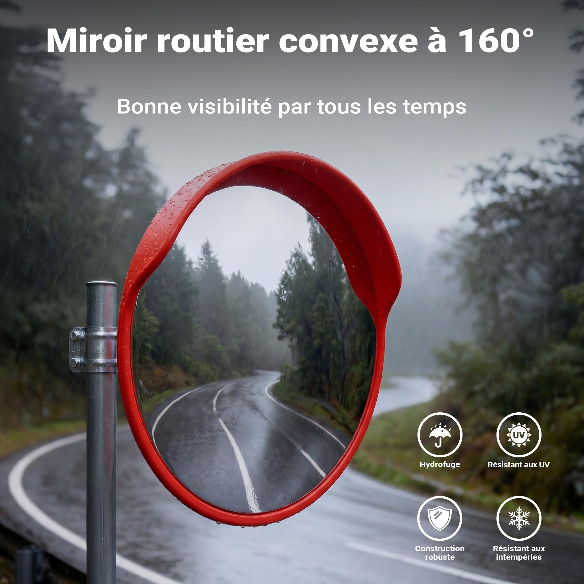 Wiltec Miroir rond de circulation convexe 80cm Champ de vision de 160° Couvercle de protection Sécurité routière Outdoor Indoor Résistant Matériel de montage inclus