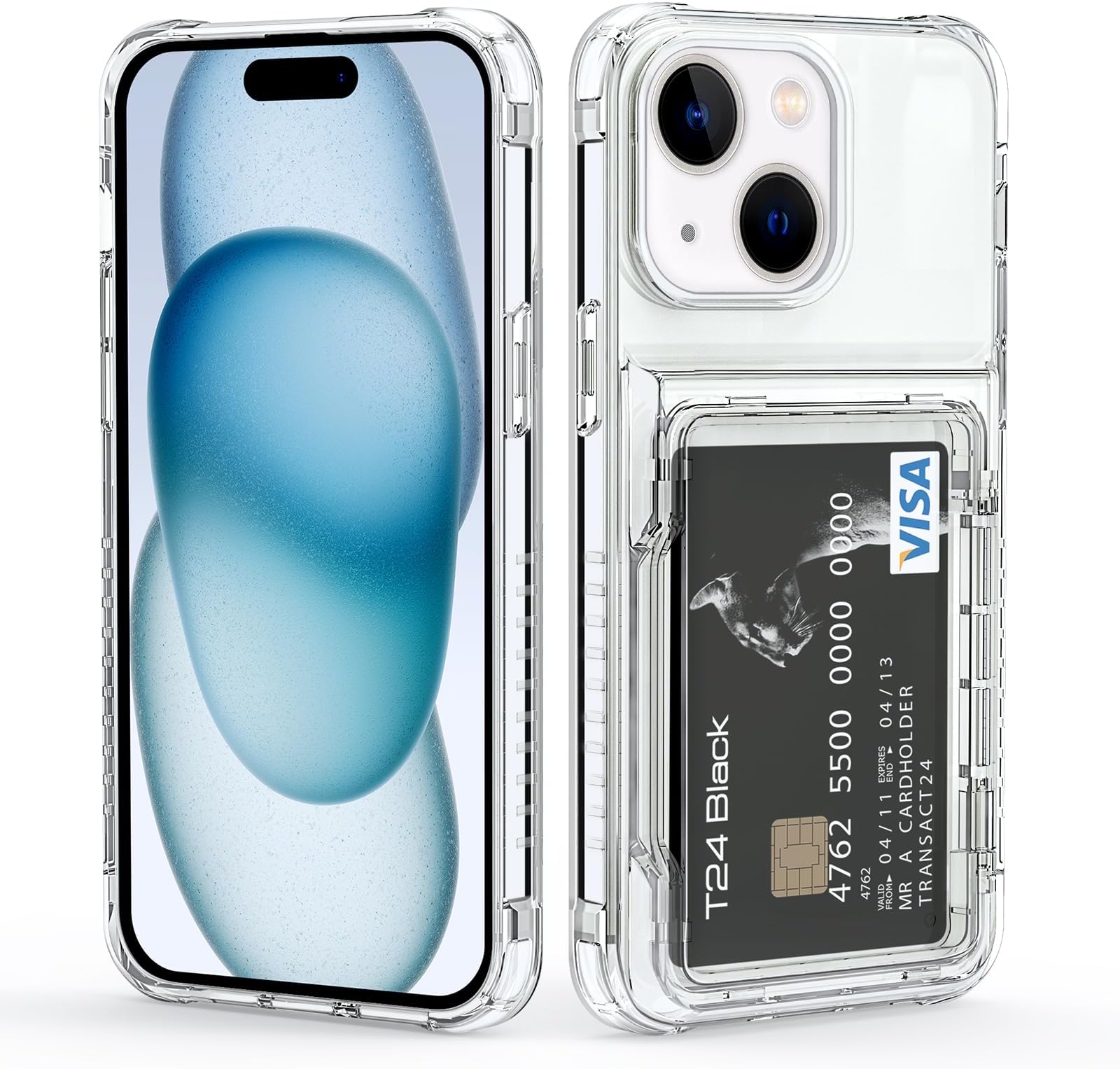 for iPhone 15 Plus Case with Card Holder Clear Wallet Case 2-Cards Slot Soft TPU+Hard PC Bumper Shockproof Case Cover Heavy Duty Protective Case for iPhone 15 Plus Phone Case 6.7",Transparent