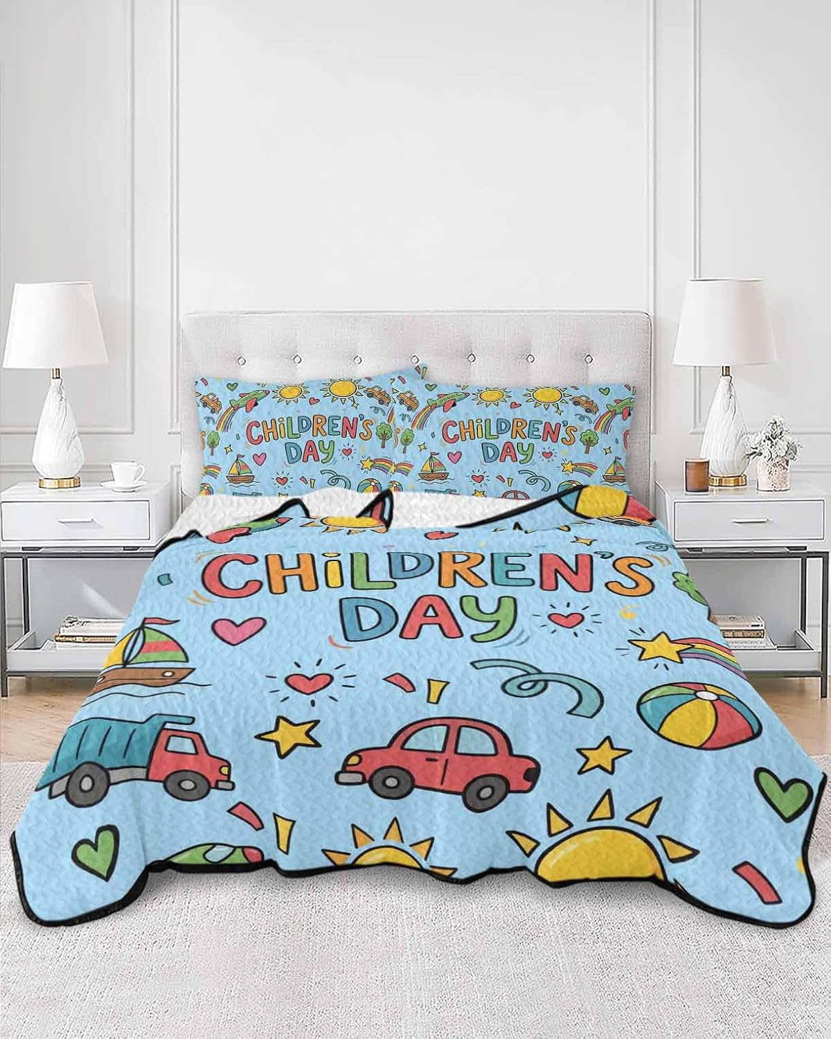 King Size Quilt Bedding Set, Blue Children's Day Lightweight Soft Quilts Comforter, Car Tree Stars Modern Abstract Art Cartoon Quilted Bedspread with 2 Pillow Covers for All Season 98" x 106"