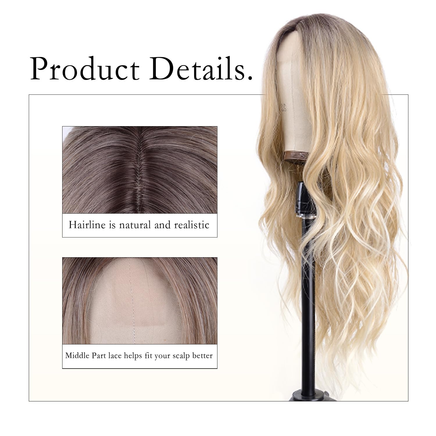 Long Ombre Blonde Wig for Women 26 Inch Long Wavy wig Middle Part Natural Looking Synthetic Heat Resistant Wigs with Dark Roots Balayage Culry Wig for Cosplay Halloween Daily Use