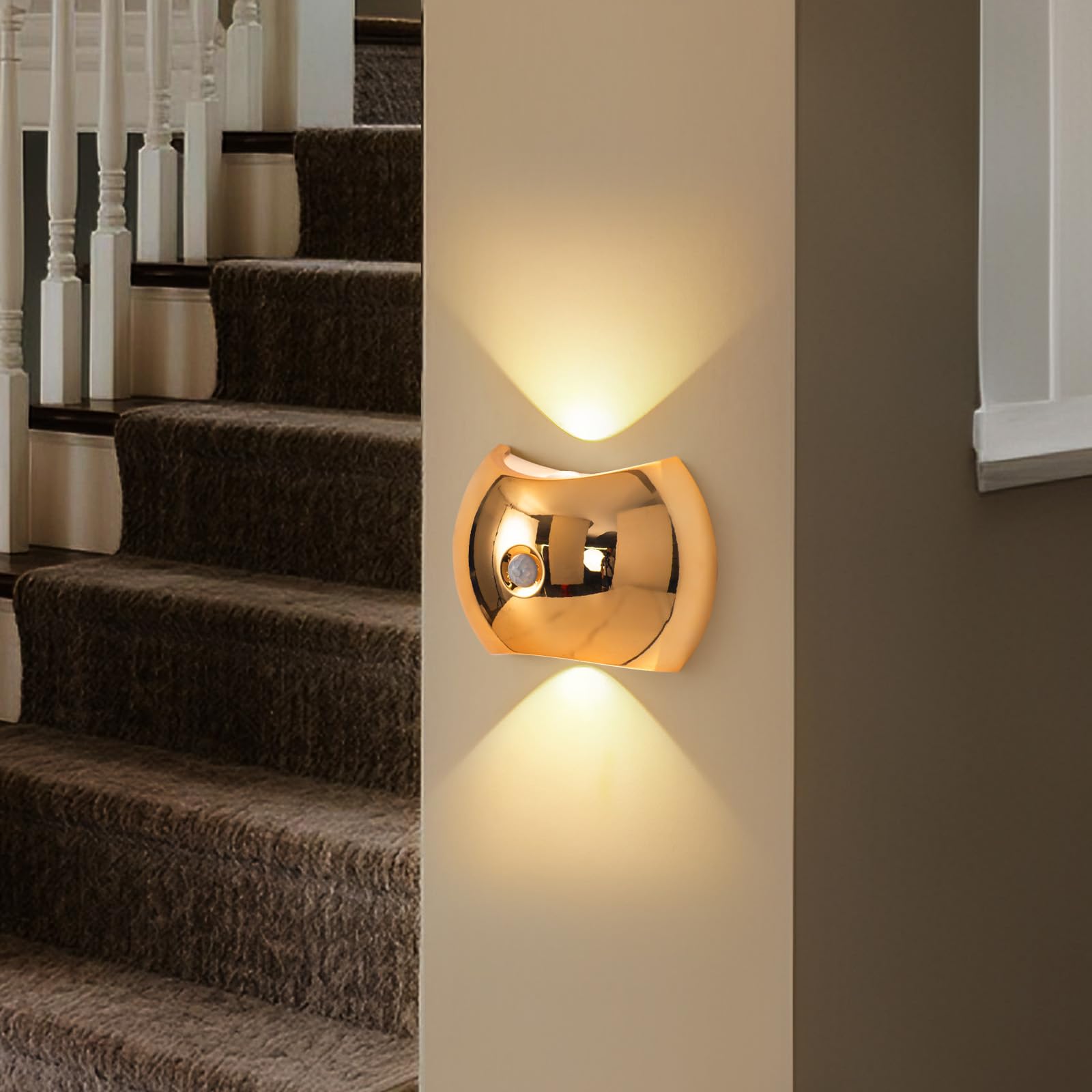 LED Moderna Apliques de Pared Interior con Sensor de Movimiento Lámpara de Pared 3 Modos de Color Iluminación de Pared USB Recargable para Pasillo Escalera Habitación (Oro,2 Piezas)