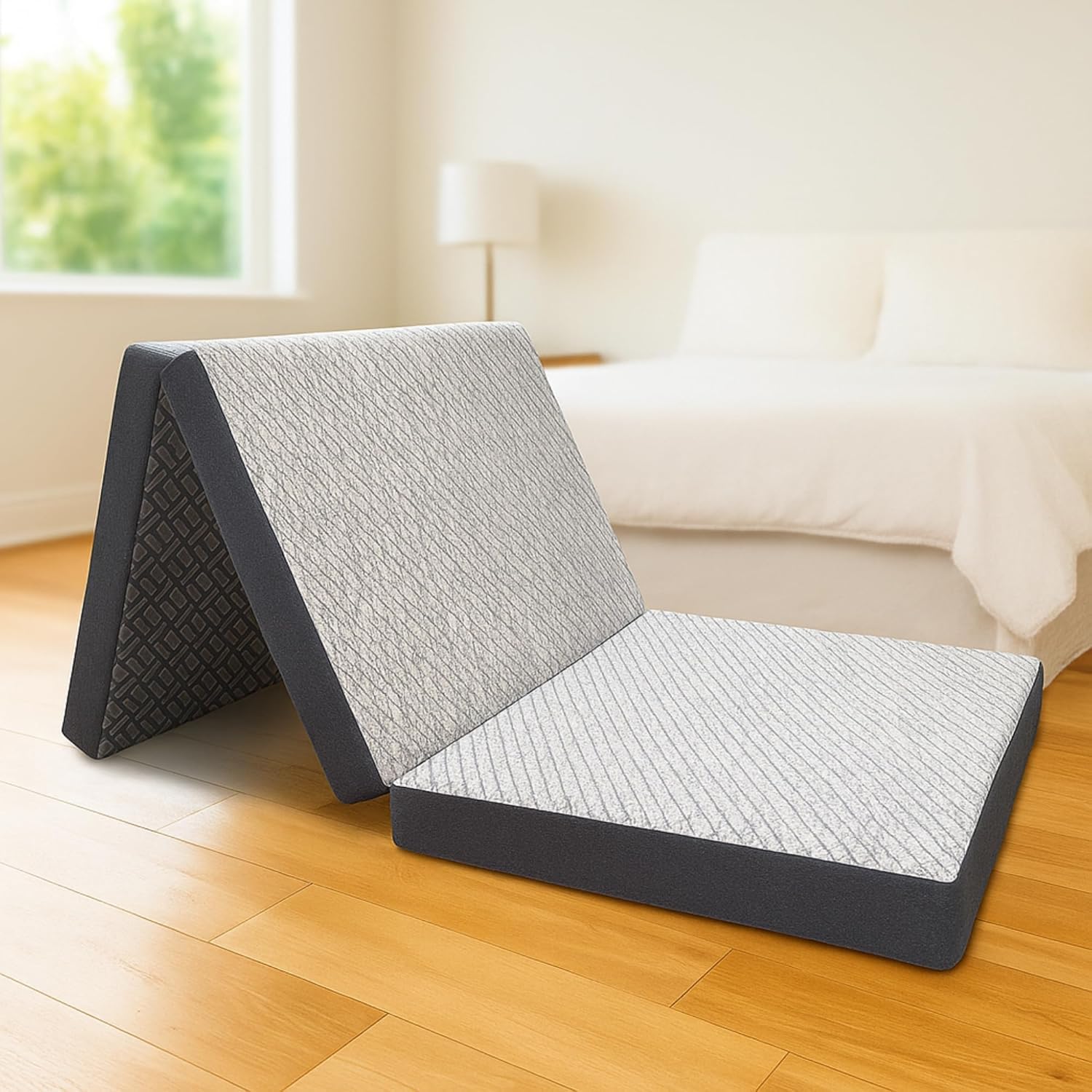 Rhythm Lite Foldable Mattress for Floor Sleeping Tri Fold 5-Inch High Resilience HR Foam Medium Firm Back Pain Support Single Foldable Bed Mattress Guest Travel Bed Lightweight Portable Compact 72X36
