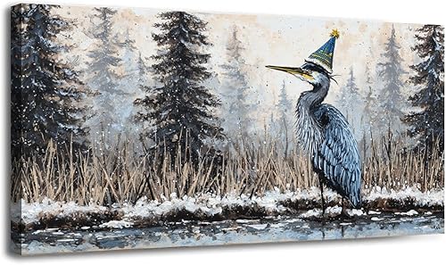 30"x 60" Canvas Wall Art Snow Christmas Winter Vertical Blue Heron Vintage Bird Coastal Framed Pictures Painting Prints Large Wall Art for Living
