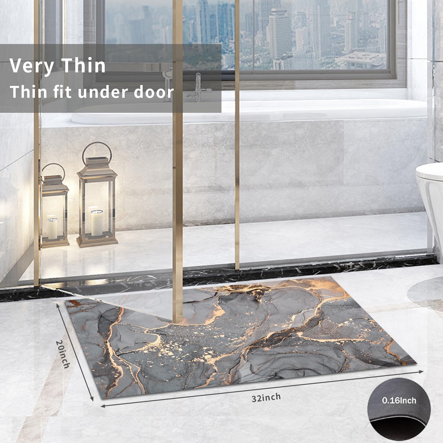 Grey Gold Marble Bathroom Mats Rugs Sets 3 Piece, Abstract Bath Mat Quick Dry Thin Rubber Back Diatomaceous Earth Rugs with U-Shaped Contour Toilet Mat for Bathroom Decor Floor Shower Room
