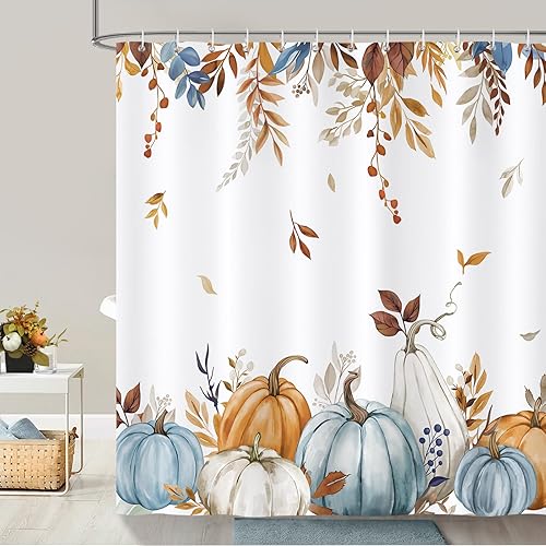 Miniatura 9 de Bonhause Cortina de ducha con diseño de calabaza de otoño, hojas de otoño, cortina de baño decorativa de Acción de Gracias, 72 x 72 pulgadas, tela