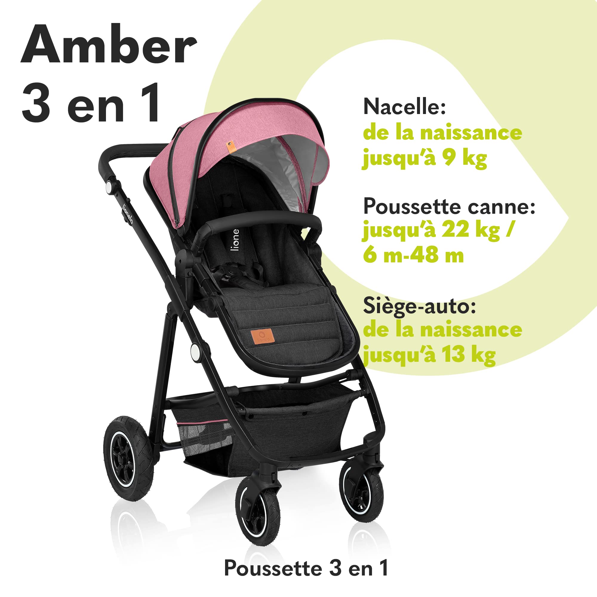 LIONELO Amber 3 in 1 poussette multifonctionnellle, landau, ensemble poussette avec siège sport et nacelle fixe, sac, moustiquaire, couvrir, feuille de pluie mit siege auto (Pink)
