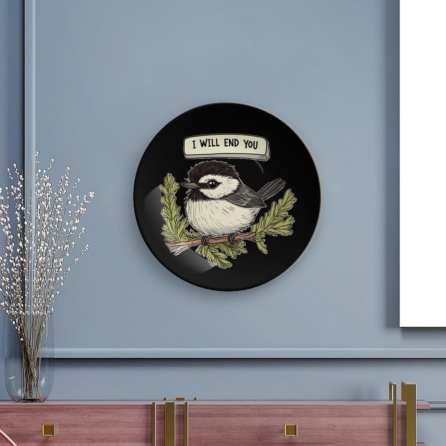 Chickadee Will End You Decorative Plates for Display Ceramic Plate Tray with Stand Hanger Home Decor