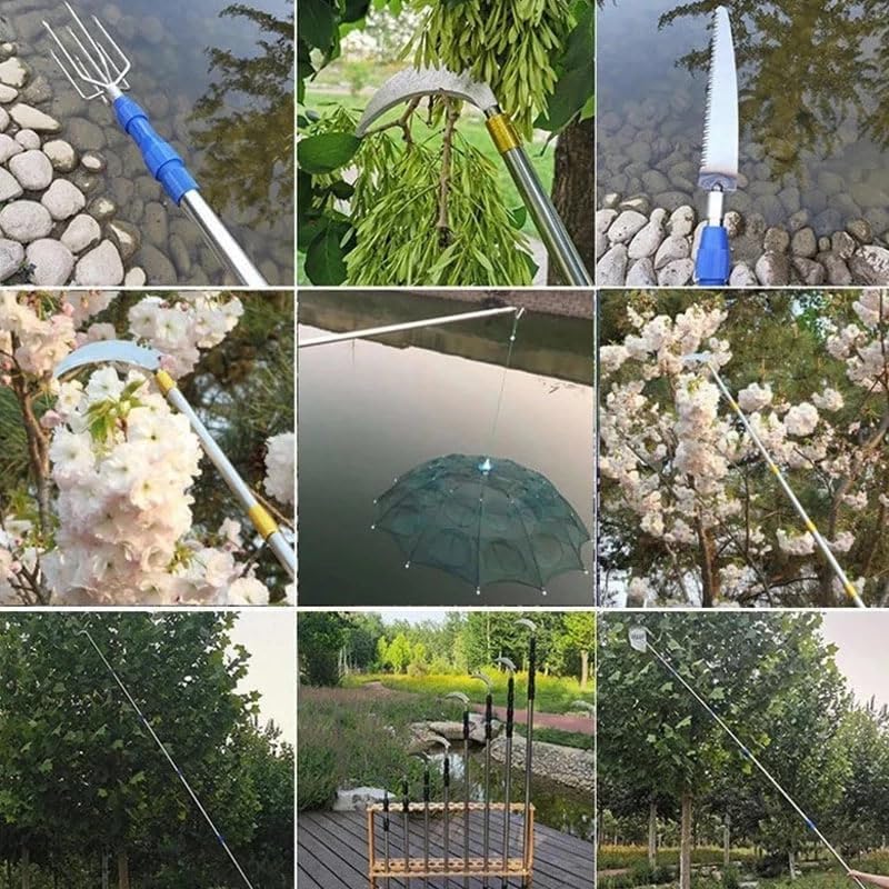Telescopic Fruit Picker Tool Set - 6-in-1 Stainless Steel Extension Pole with Branch Saw, Fruit Picker Basket & Pruning Head, Adjustable Harvesting Tool for Pear, Peach, Persimmon (Silver, 3m)