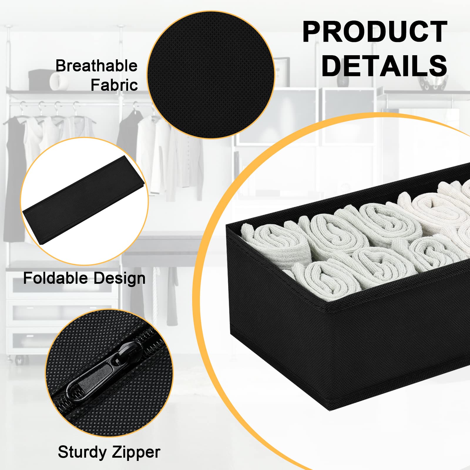 DIMJ 12-Pack Foldable Black Drawer Organisers, Fabric Storage Dividers for Underwear Socks, Accessories - Image 3
