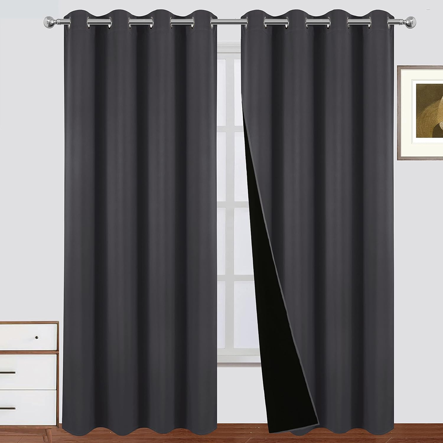 LEMOMO 100% Blackout Curtains 52 x 95 Inch Dark Grey Curtains 2 Panels Darkening Thermal Insulated Bedroom Curtains