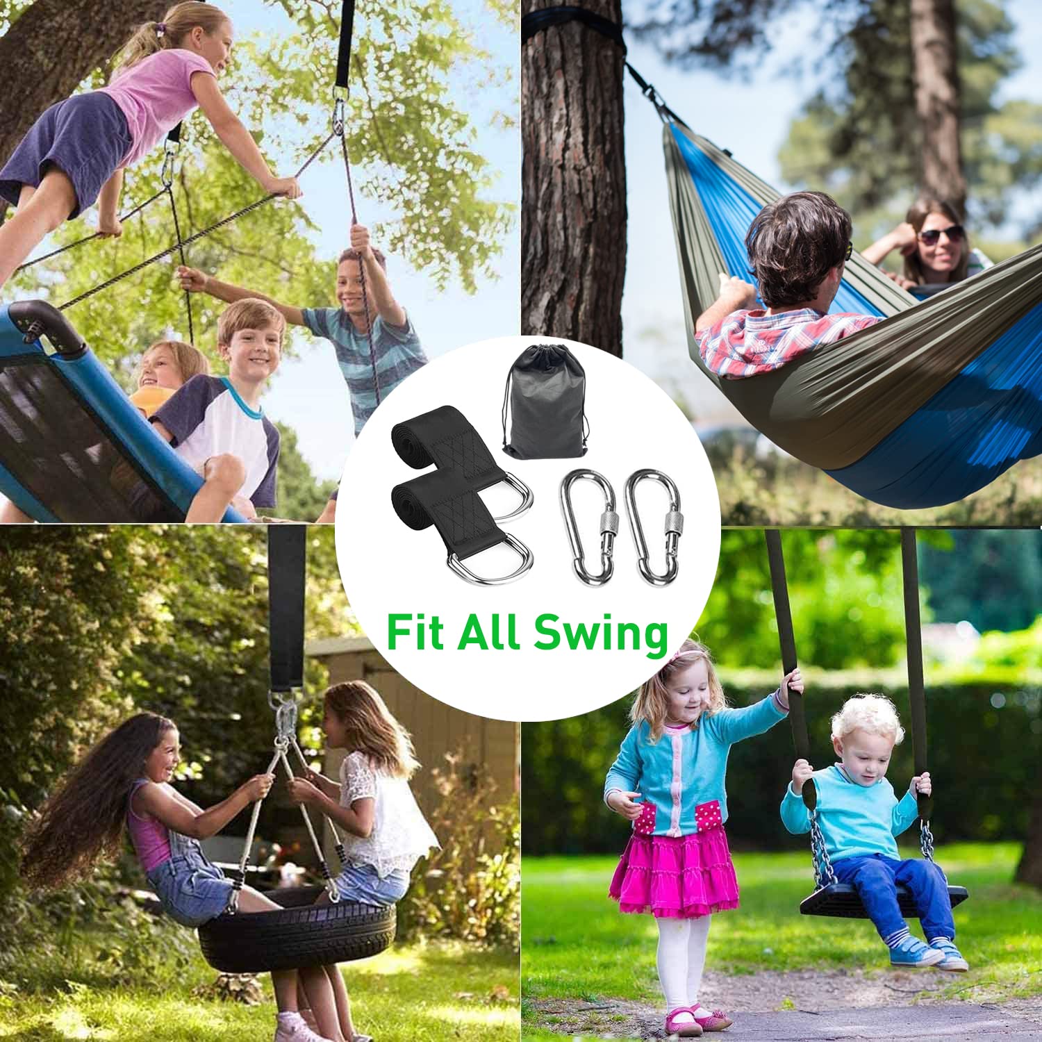 Fixation De Balançoire, Lot De 2 Sangles En Nylon Indéchirable Pour Hamac, Sangle Hamac, Mousquetons De Qualité Supérieure /anneaux En D épais Noir, Pour Balancoire Jardin Hamac Ou Siège Suspendu