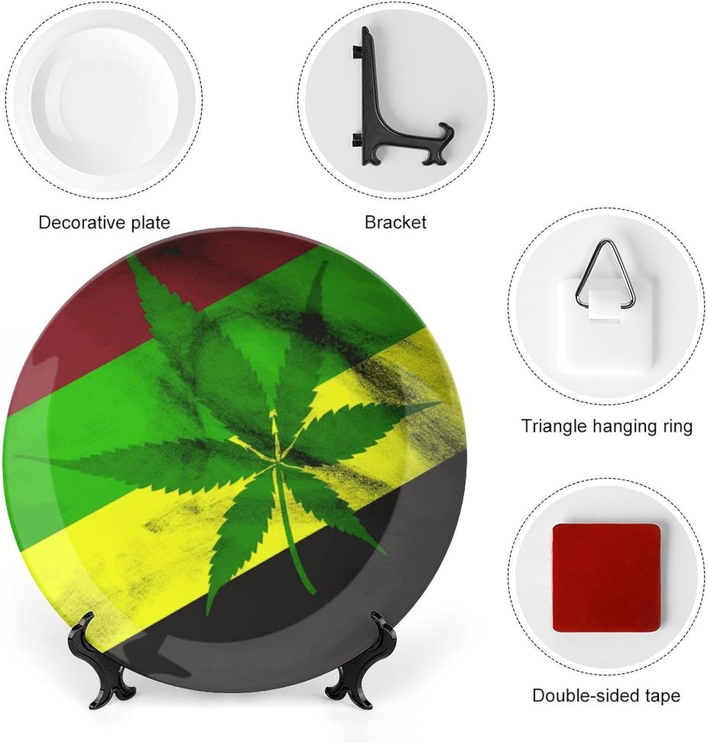 Jamaica Flag Leaves Decorative Plates for Display Round Porcelain Plate Living Room Table Ceramic Hanging Decorative Plate Art Decor for Living Room Table with 1 Display Stand 10inch