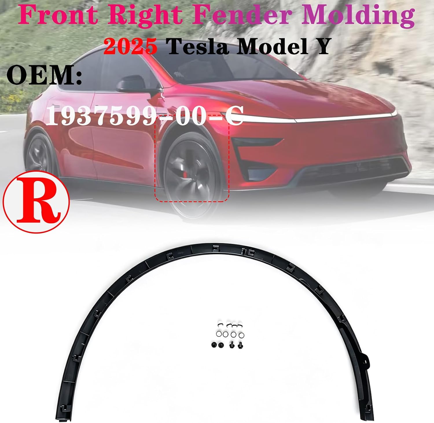Rear Passenger Side Fender Trim Flares for Tesla New Model Y 2025 2026 1937596-00-D Wheel Molding Trim 193759600D (Rear Right Side)