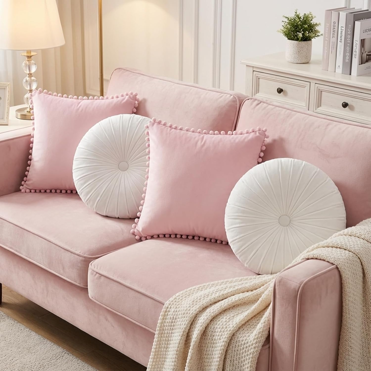 8 Pcs Picnic Throw Pillow 15.75" Velvet Cushion for Camp Wedding Birthday Supplies Pink Pom-poms Square Cushion White Pumpkin Round Pillows for Couch Farmhouse Bed Home Indoor Decor