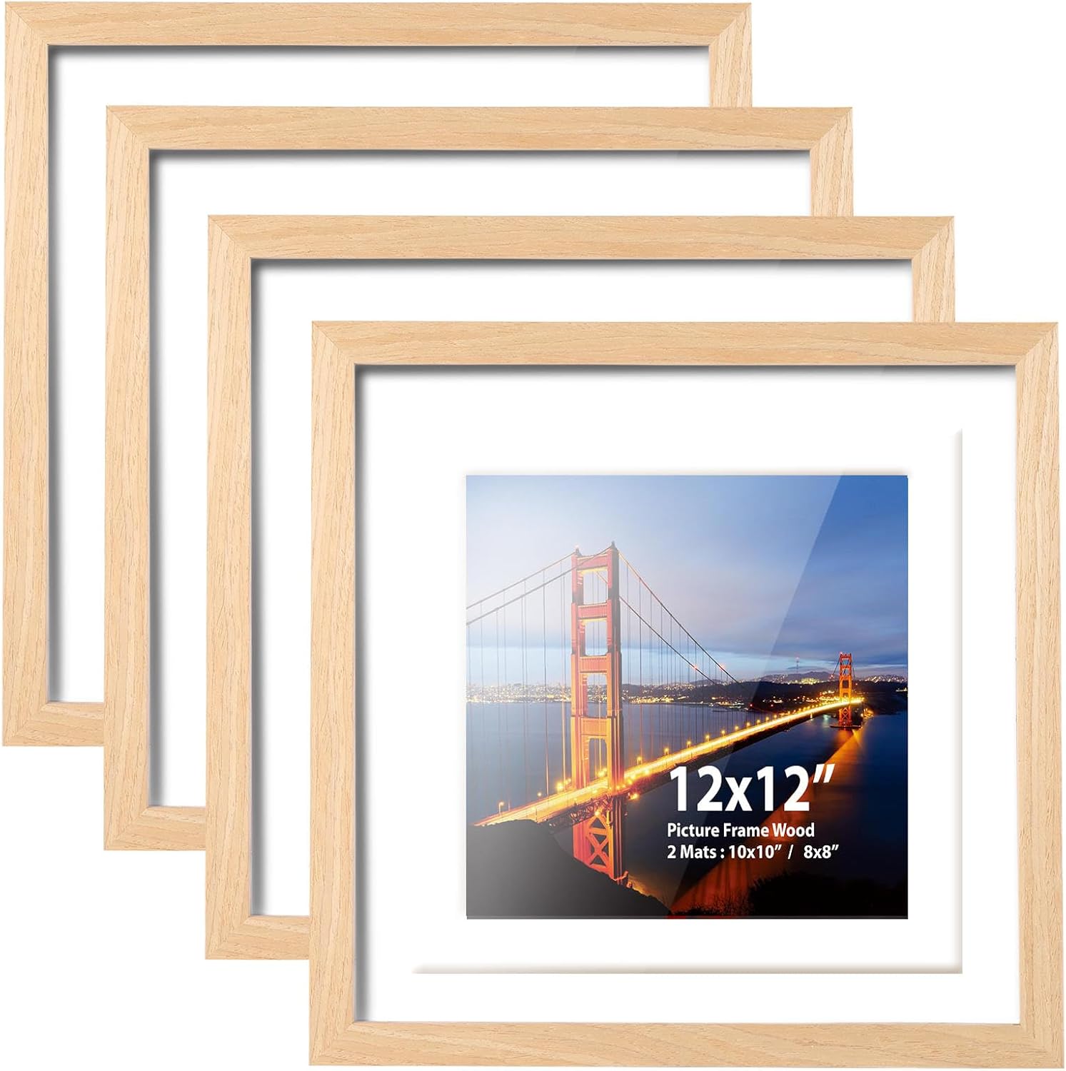 12x12 Frame,Display Pictures 8x8,10x10 With Mat or 12x12 Without Mat,Natural Solid Wood,Hung On Walls Or Placed On Tables,Square Picture Frame (Wood Color,Set of 4)