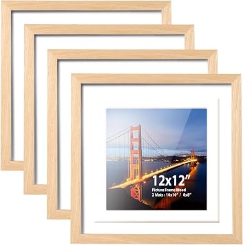 12x12 Frame,Display Pictures 8x8,10x10 With Mat or 12x12 Without Mat,Natural Solid Wood,Hung On Walls Or Placed On Tables,Square Picture Frame Wood Color,Set of 4