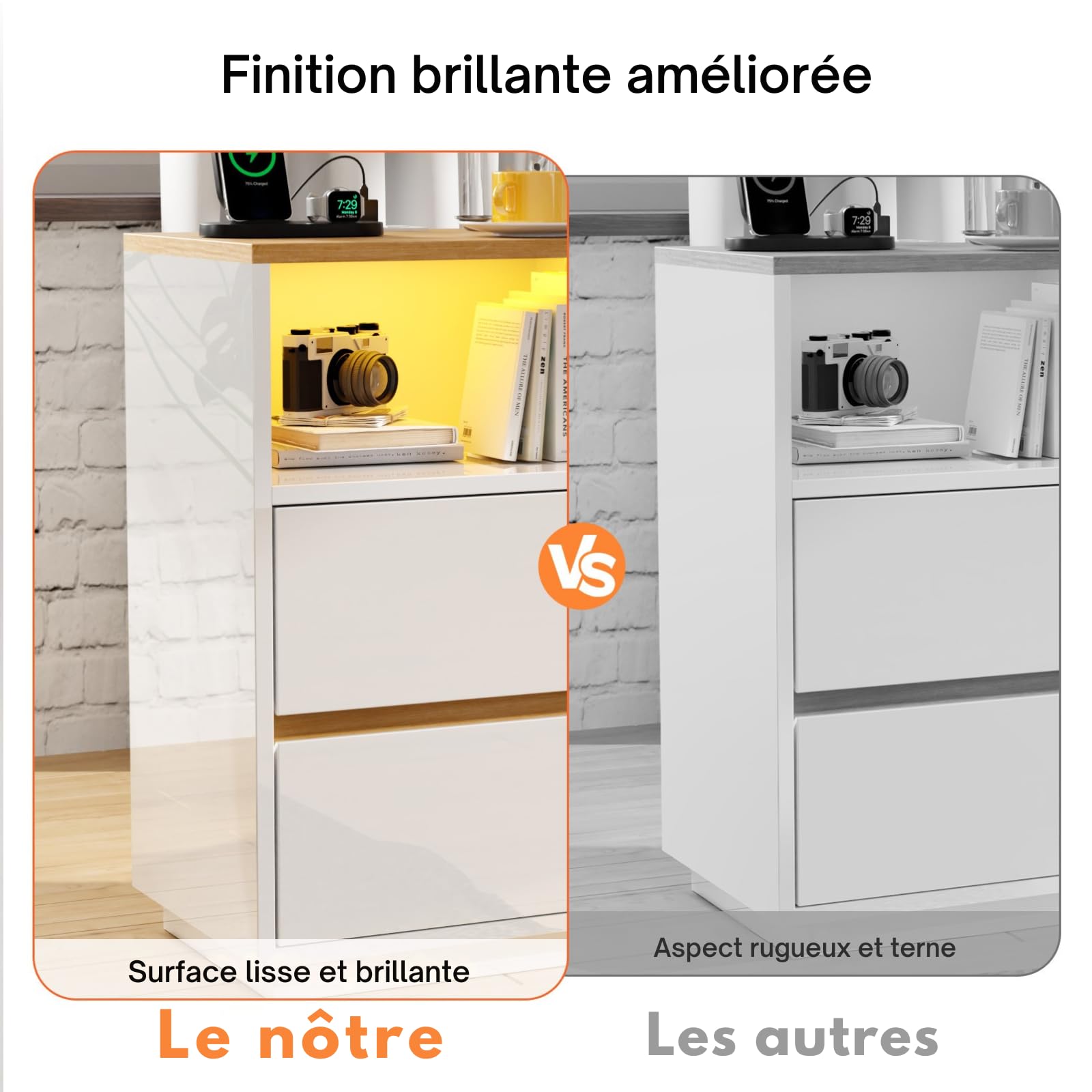 LEADZM Table de Chevet Lot de 2 avec lumières LED avec Station de Charge et Ports USB,Table d'appoint, Commode de Nuit, 40 x 30 x 60cm, Blanc Brillant Fiche européenne