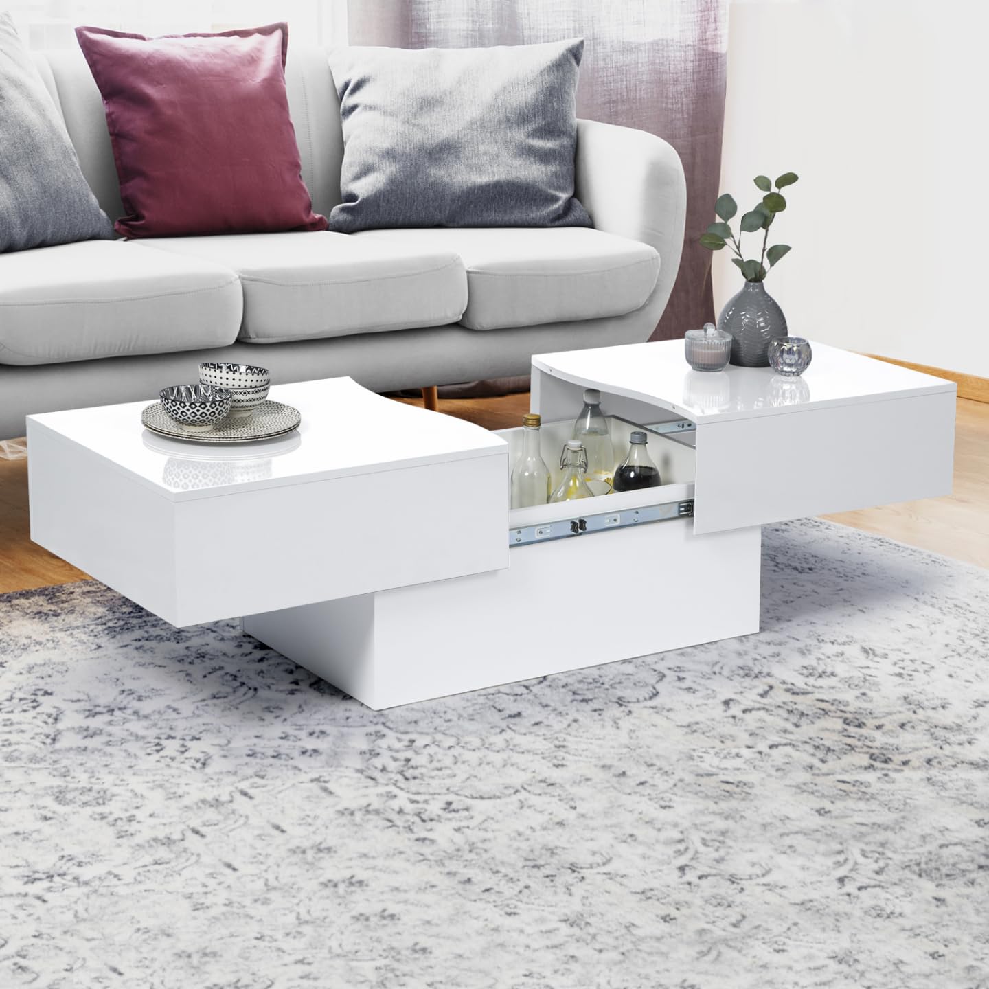 IDMarket - Table Basse coulissante rectangulaire Marta Bois Blanc