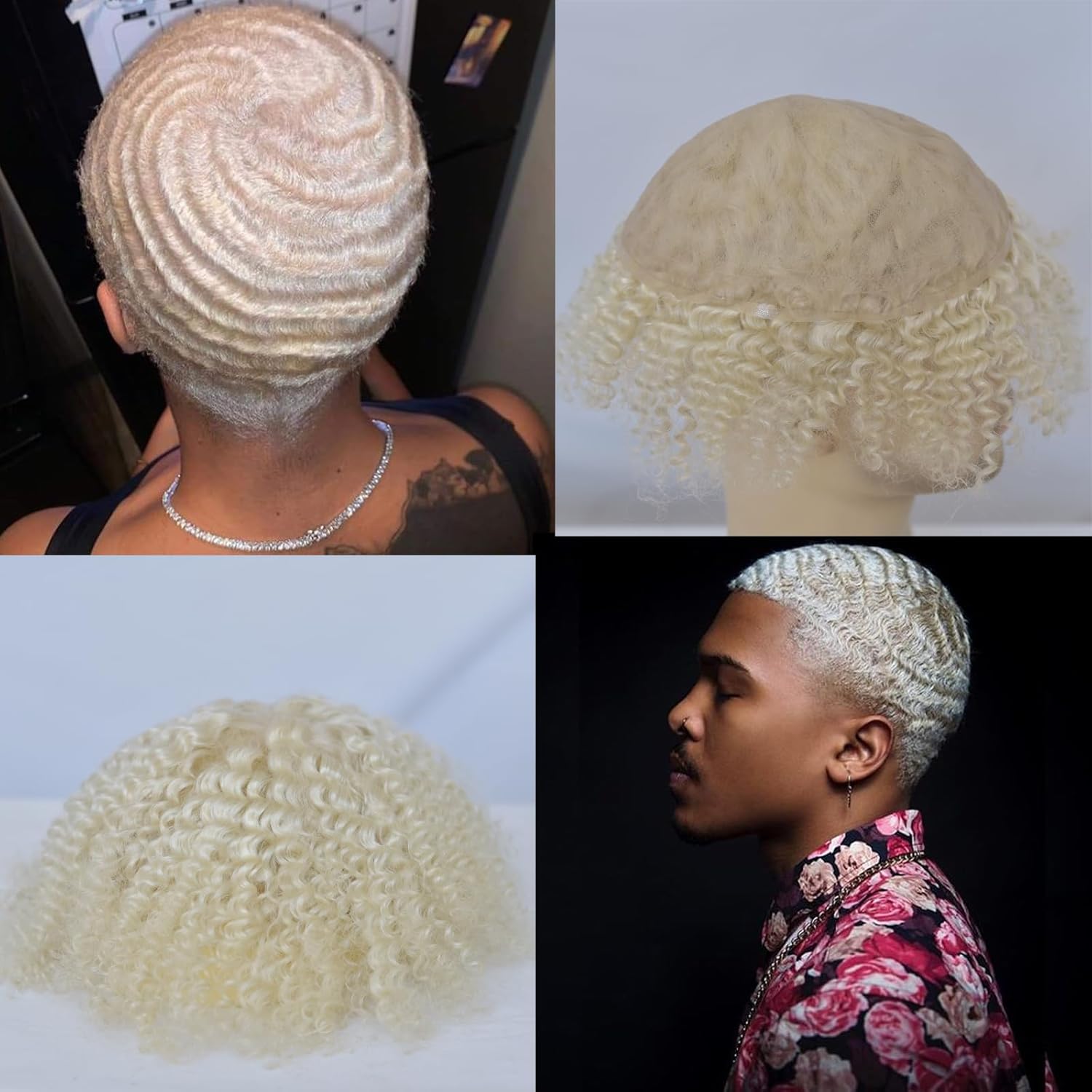 10x8 inch Full Lace African Waves Hairpiece Afro Wave Curl Black Mens Toupee Brazilian Human Hair Replacement System Afro Wave Hairpieces 10MM White Color